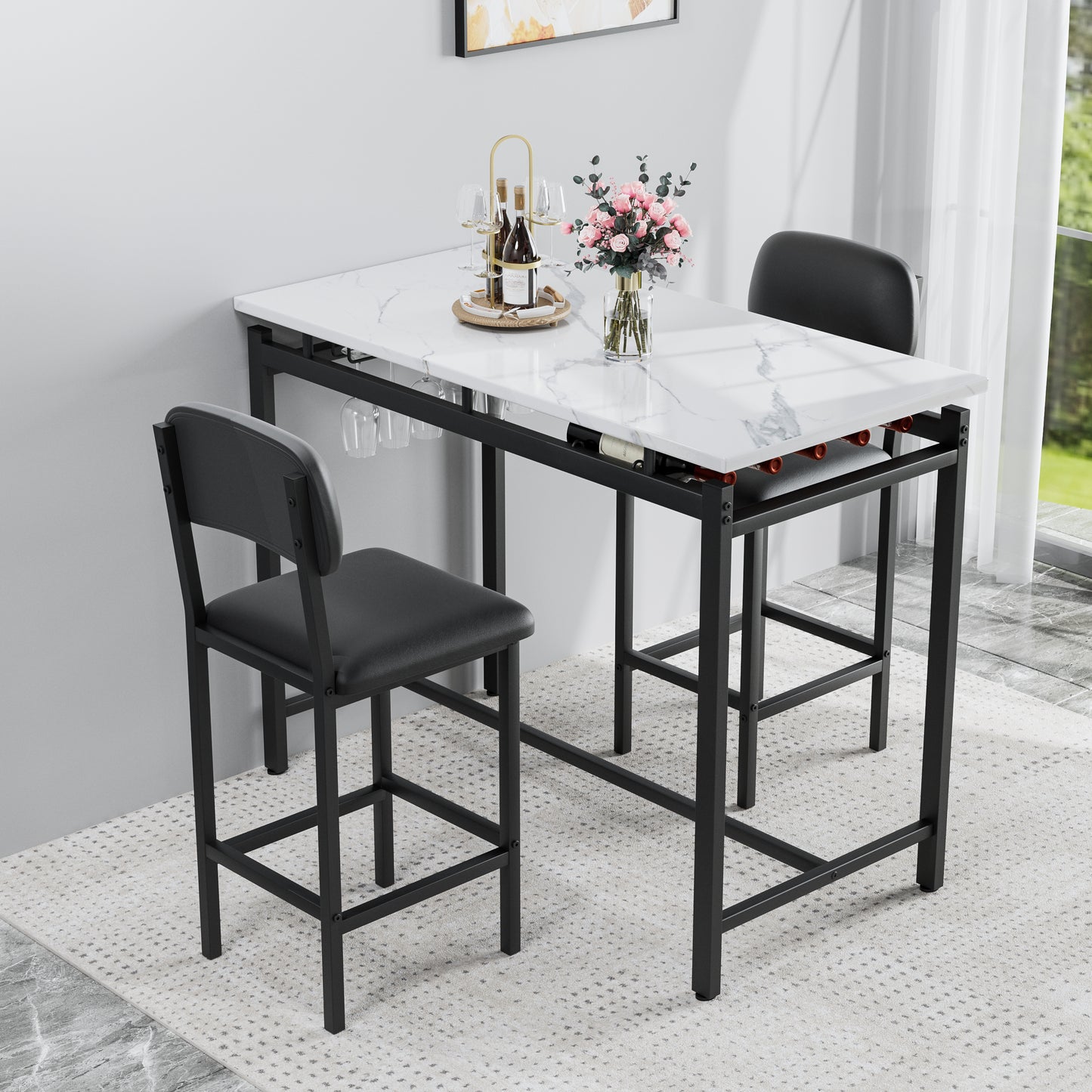 Marble pub table with wine rack and two black stools