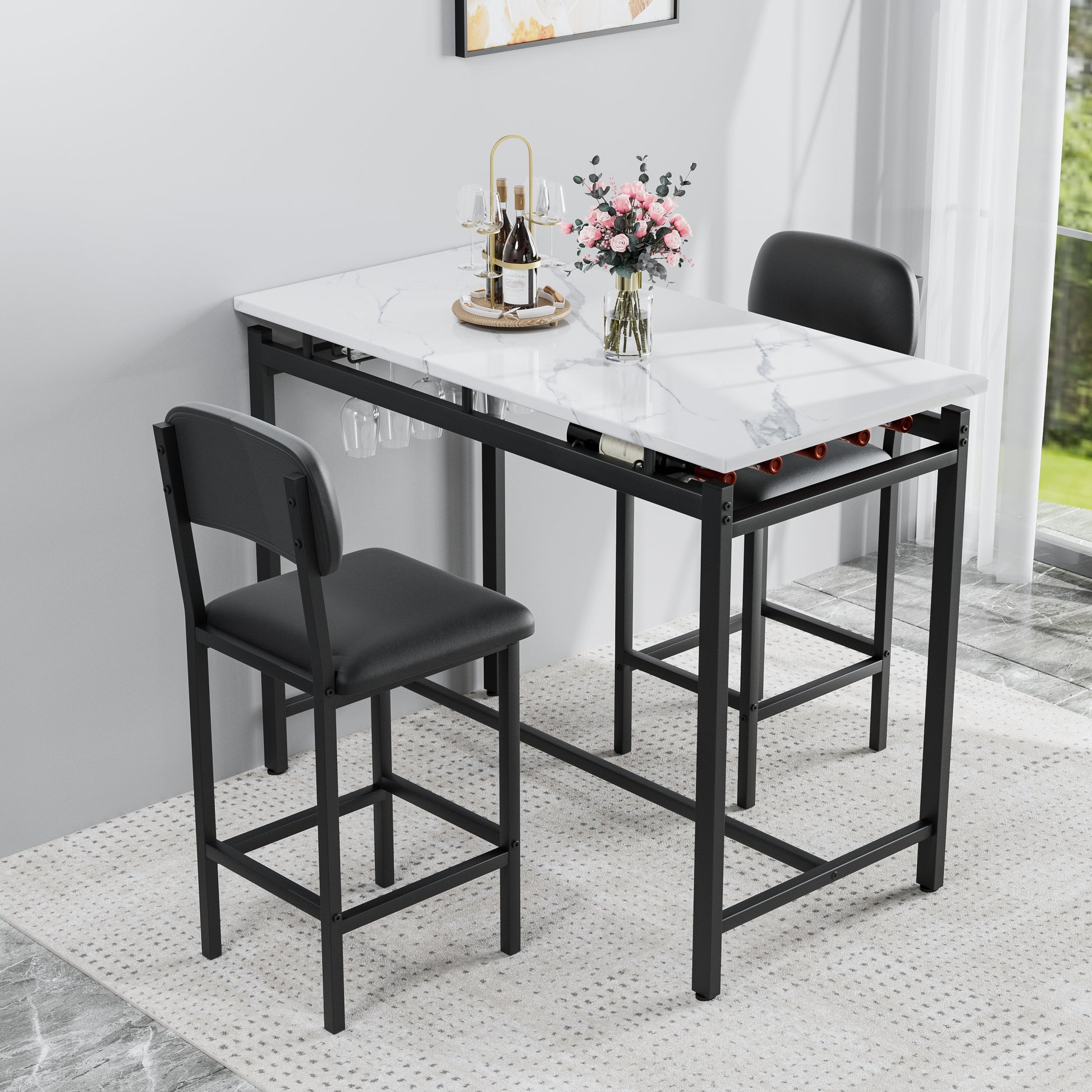 Marble pub table with wine rack and two black stools