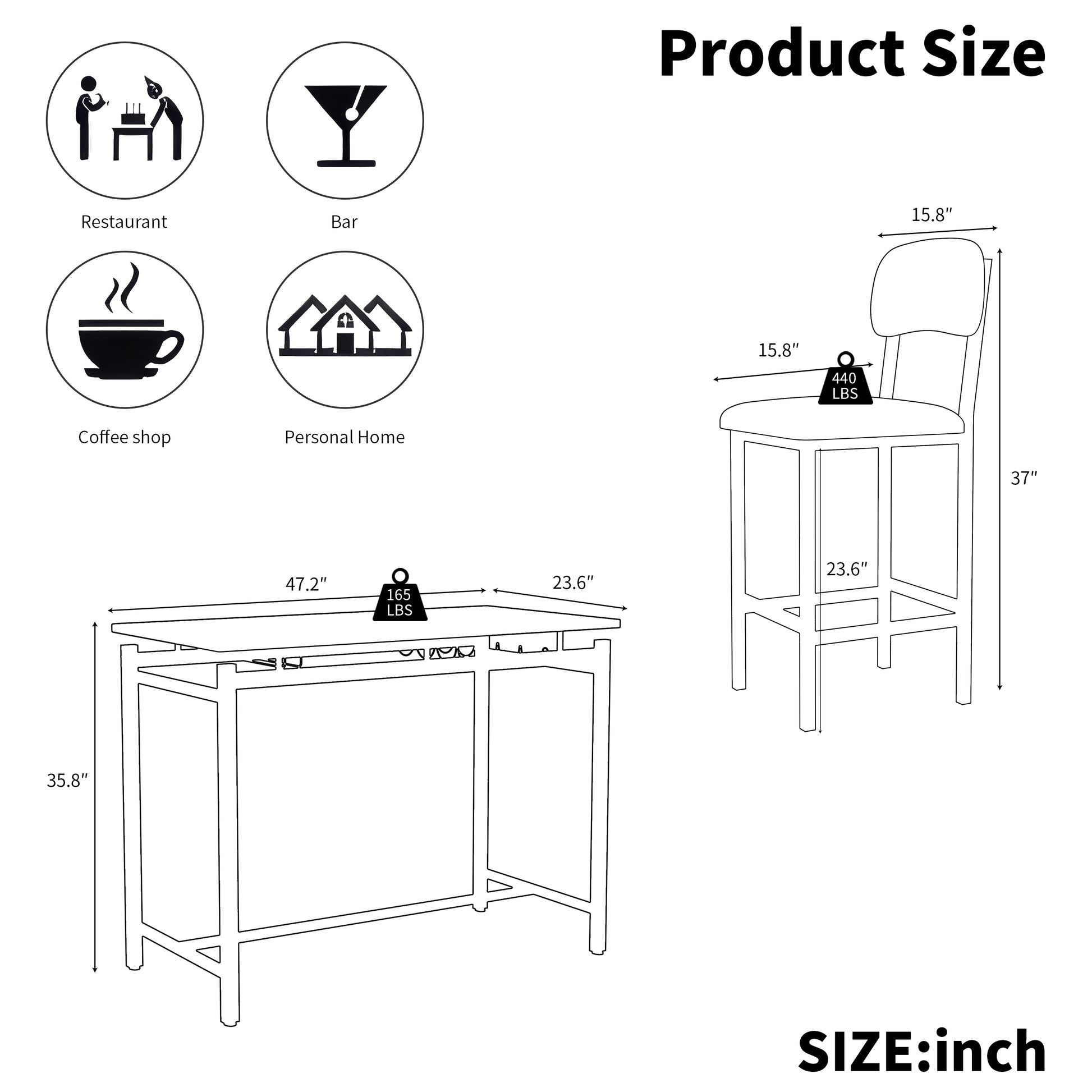 Line drawing of a bar stool with dimensions  x  and  LBS capacity