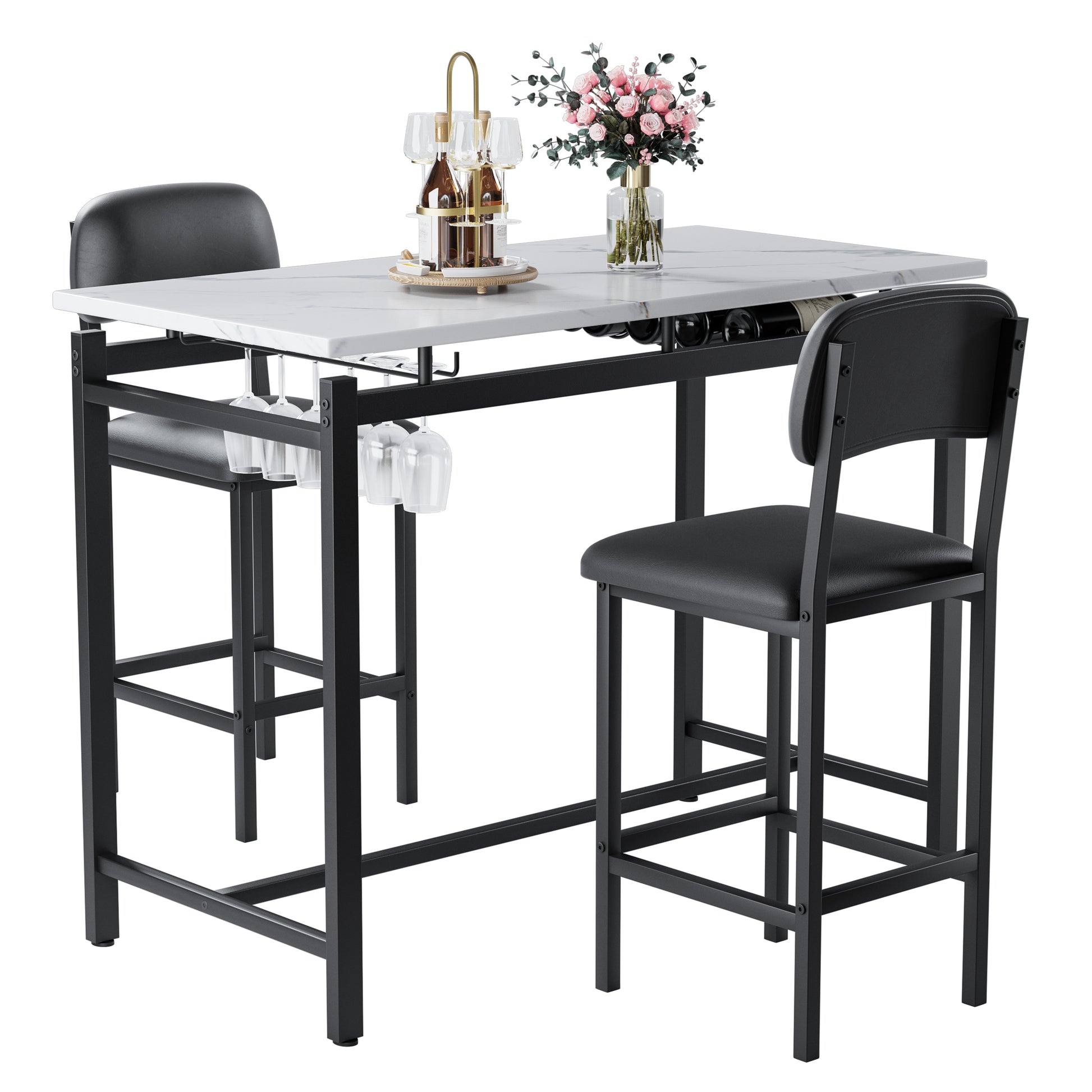 Modern marble top bar table with two black faux leather stools and wine rack