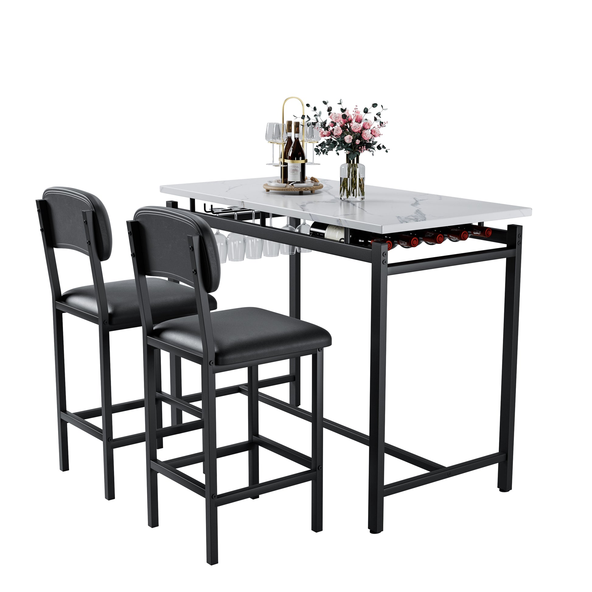 Modern white marble top bar table with two black faux leather stools and wine rack