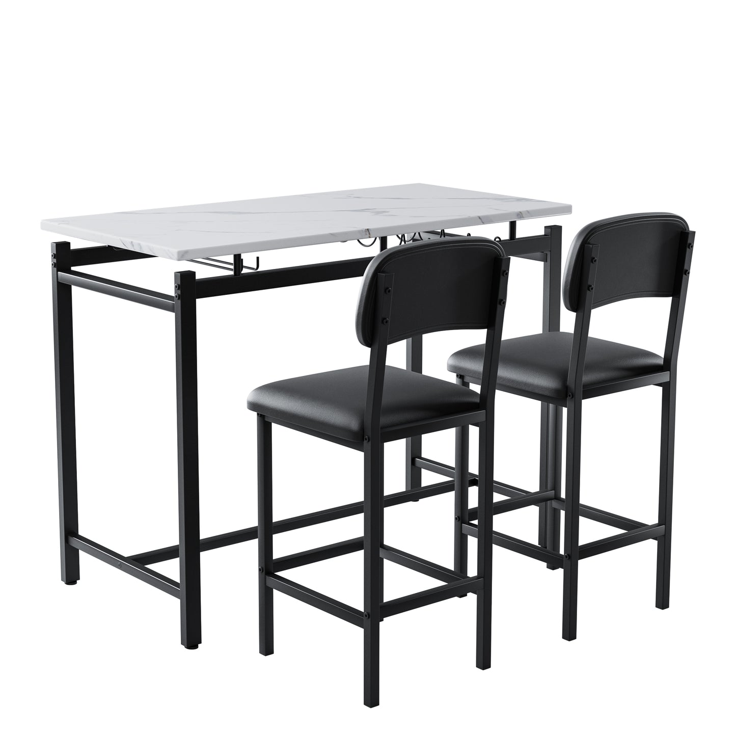 White marble top bar table with two black faux leather stools