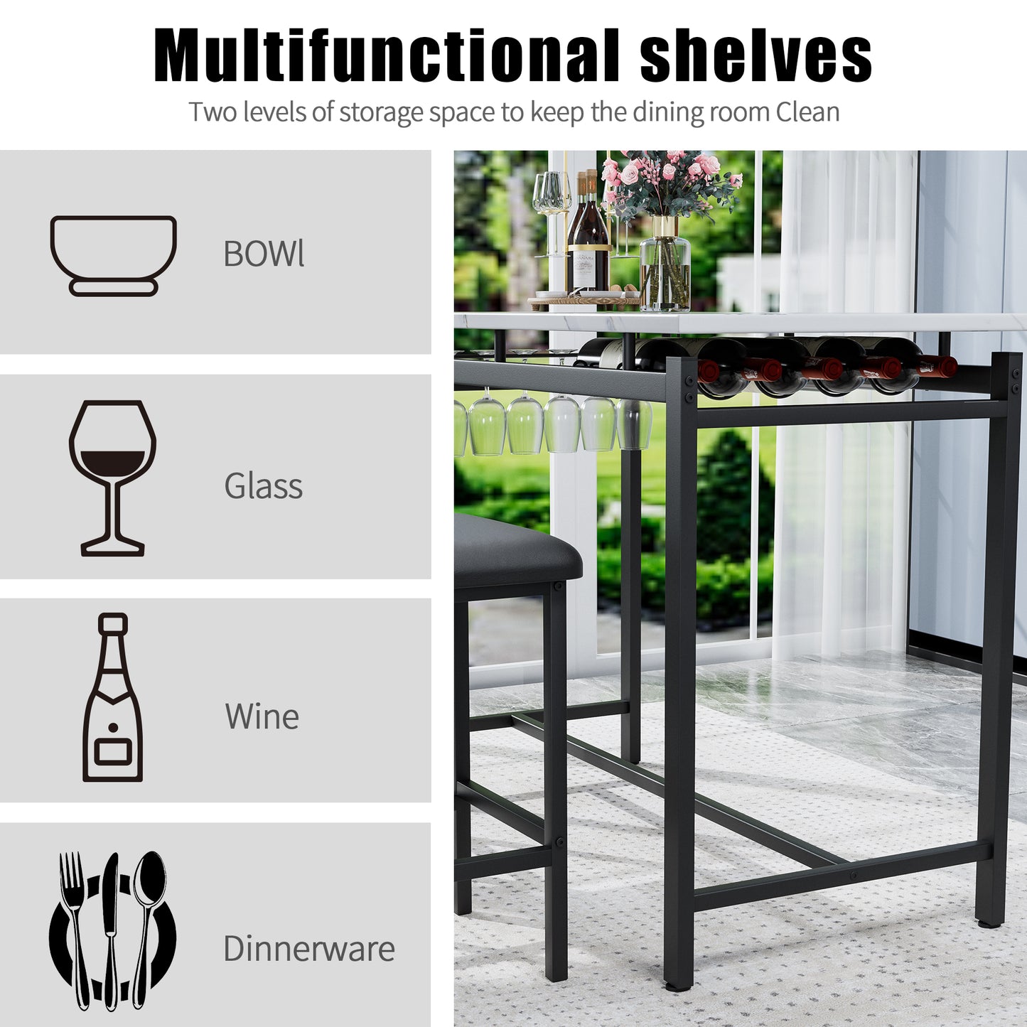 Modern black metal bar unit holding wine bottles and glassware