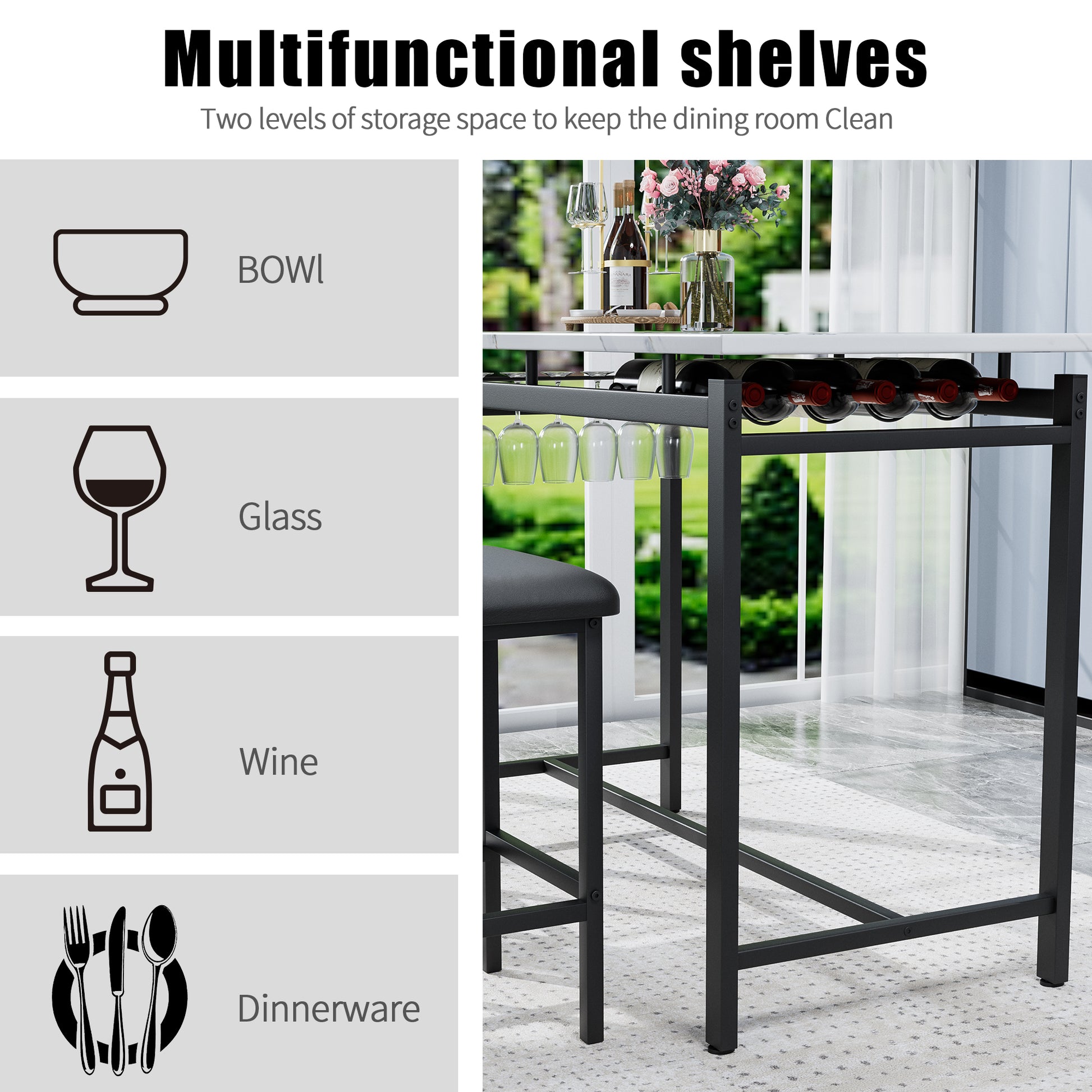 Modern black metal bar unit holding wine bottles and glassware