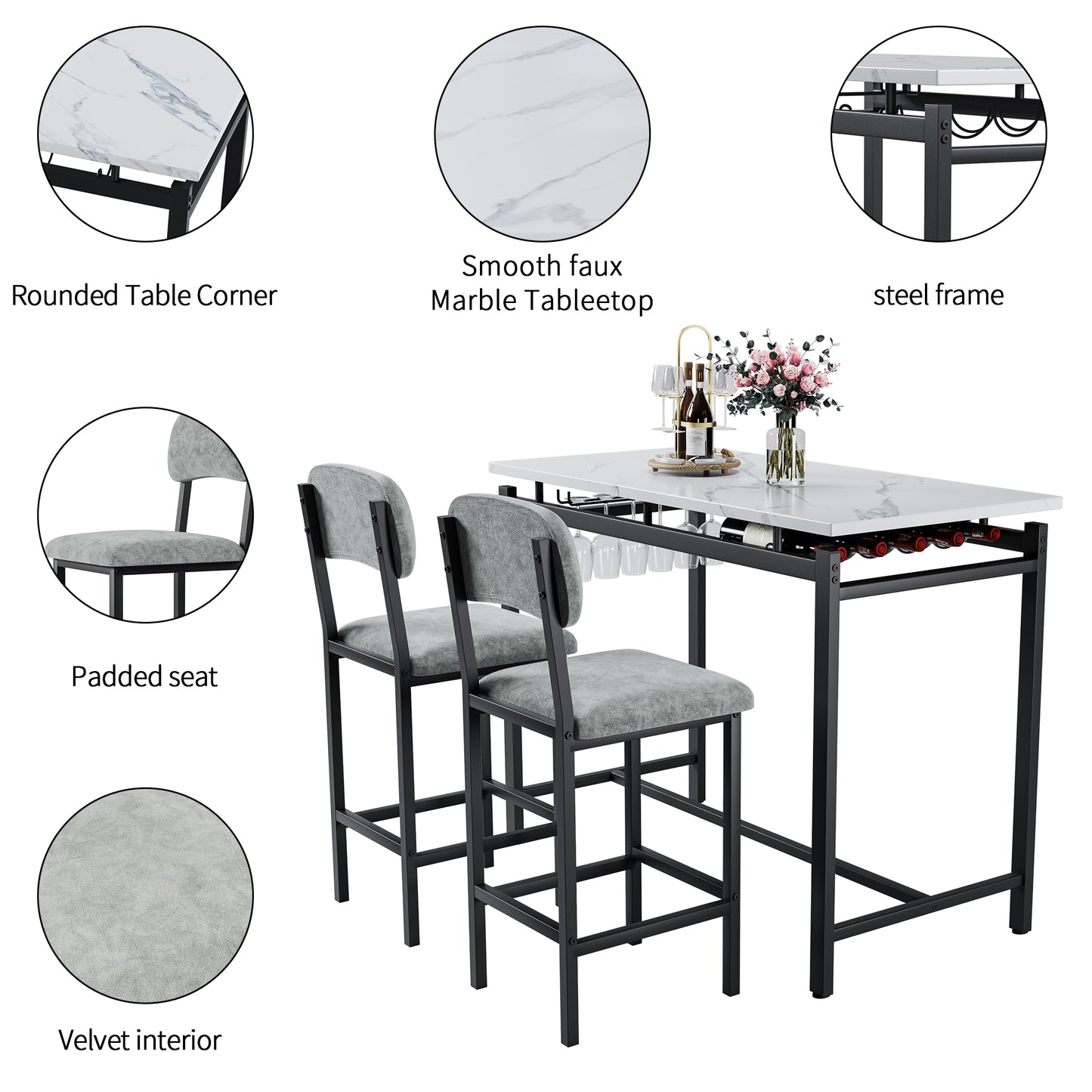 Elegant marble pub table with wine rack and two upholstered bar stools