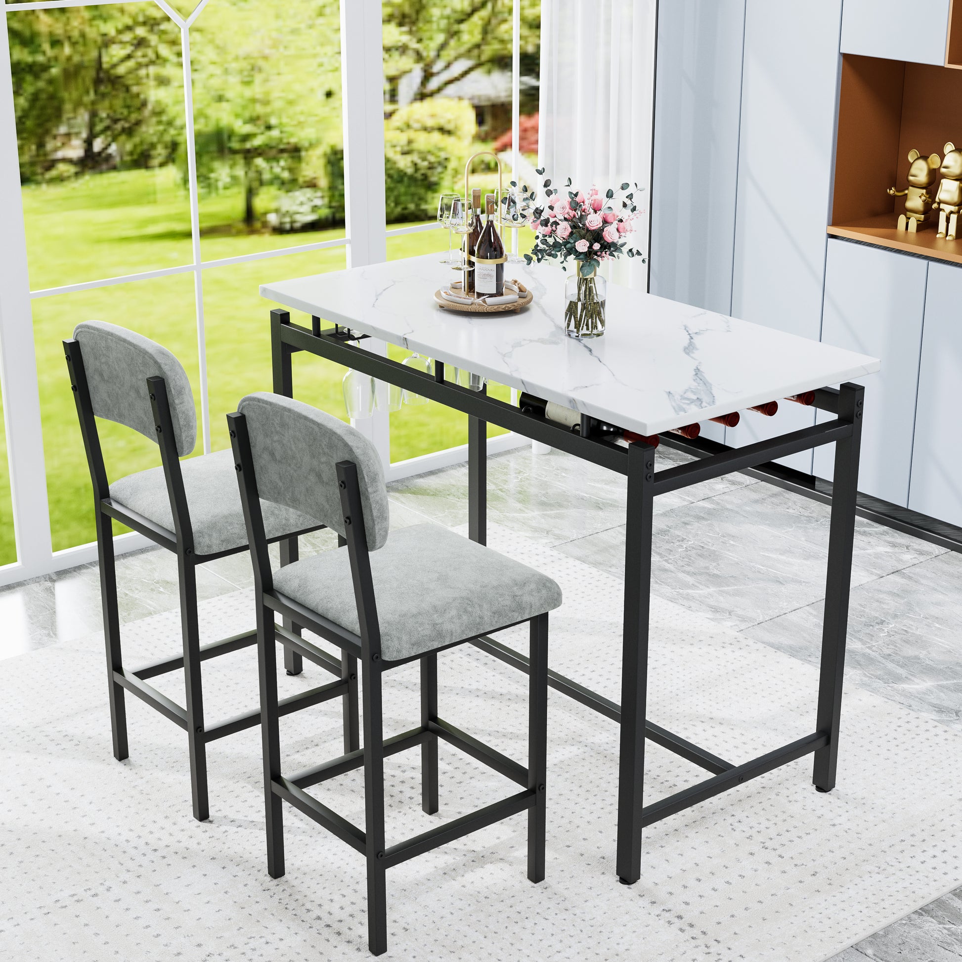 Modern white marble top bar table with black metal frame and two grey upholstered stools