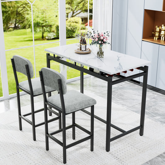 Modern white marble top bar table with black metal frame and two grey upholstered stools