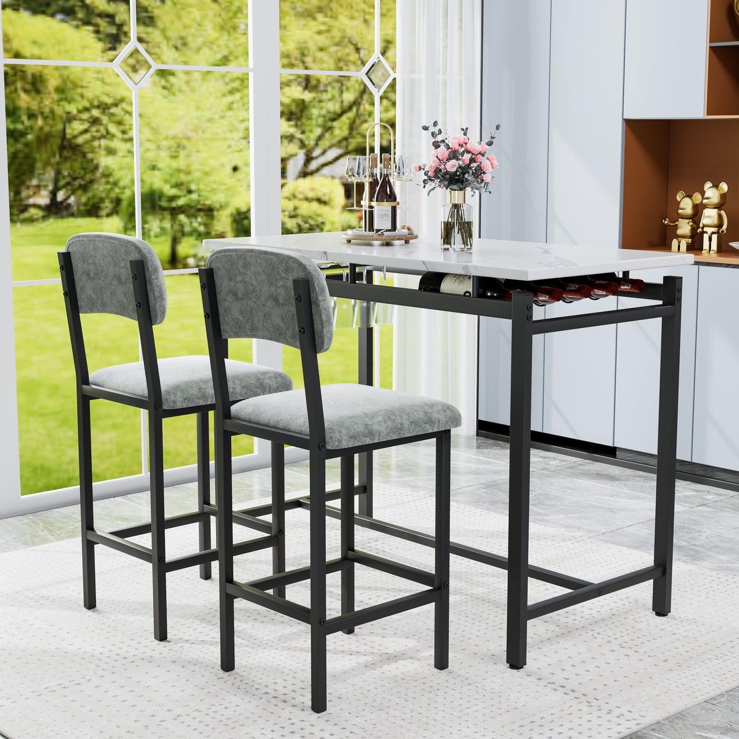 Gray upholstered bar stools with black metal frames