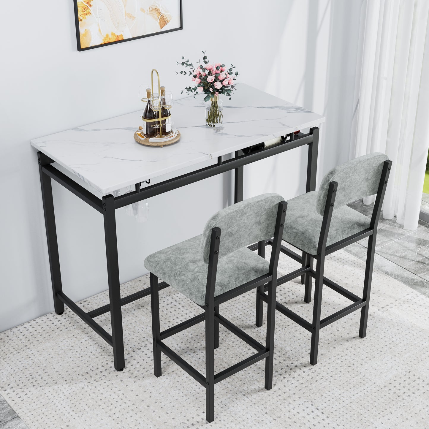 Modern marble top bar table with two grey fabric stools and wine rack