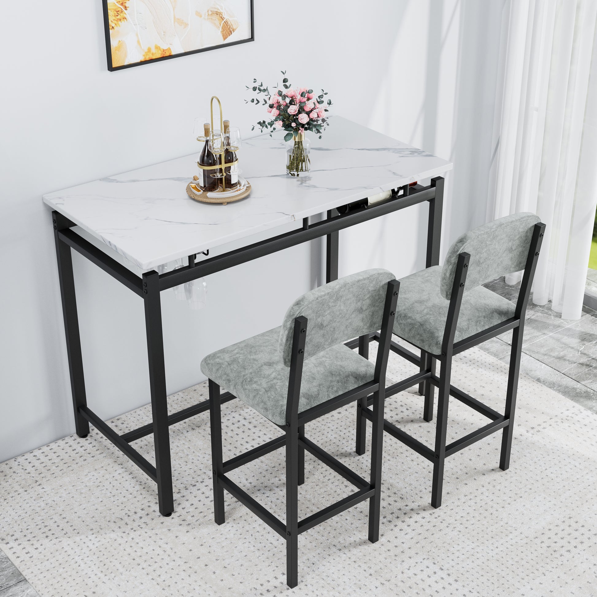 Modern marble top bar table with two grey fabric stools and wine rack
