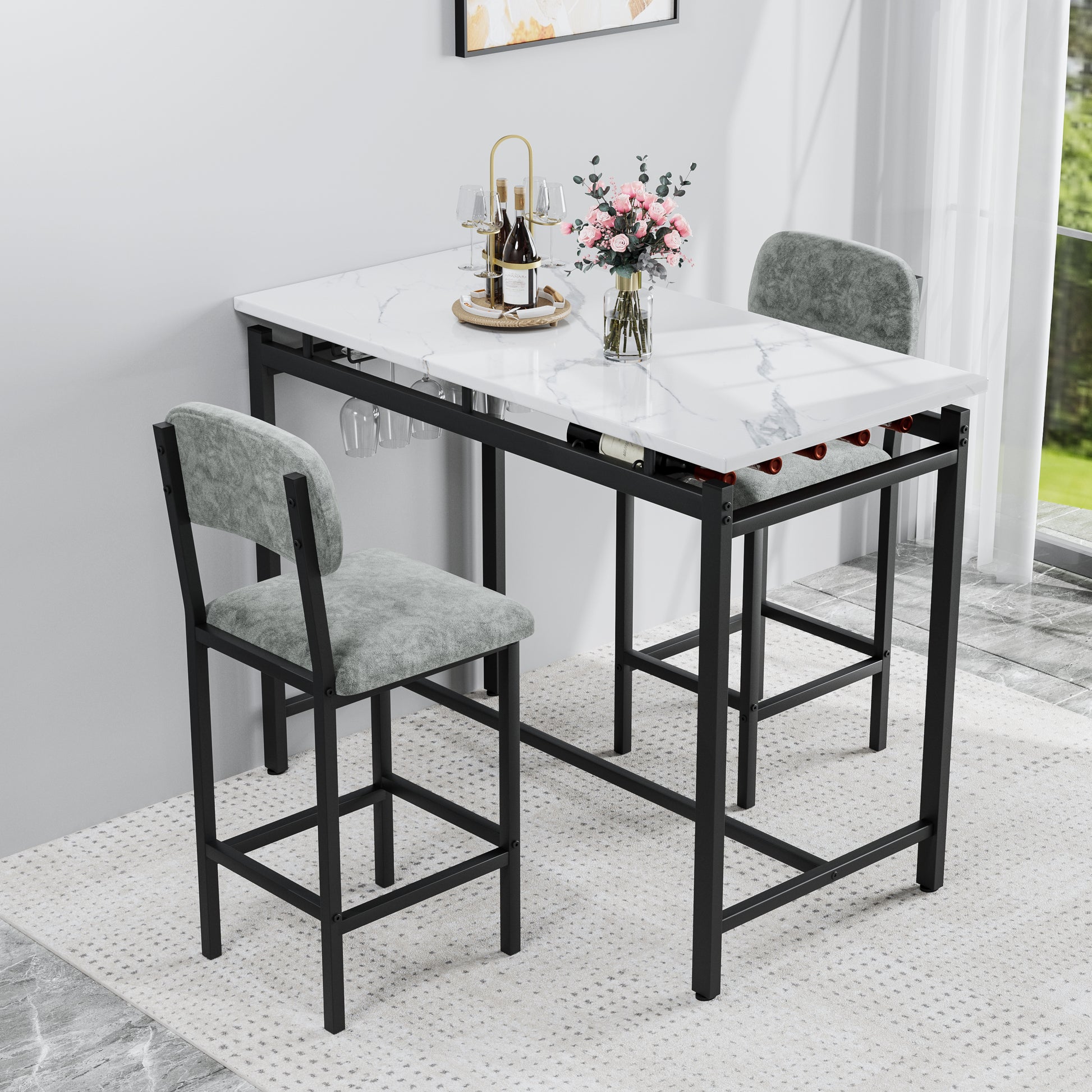Marble top bar table with wine rack and stools