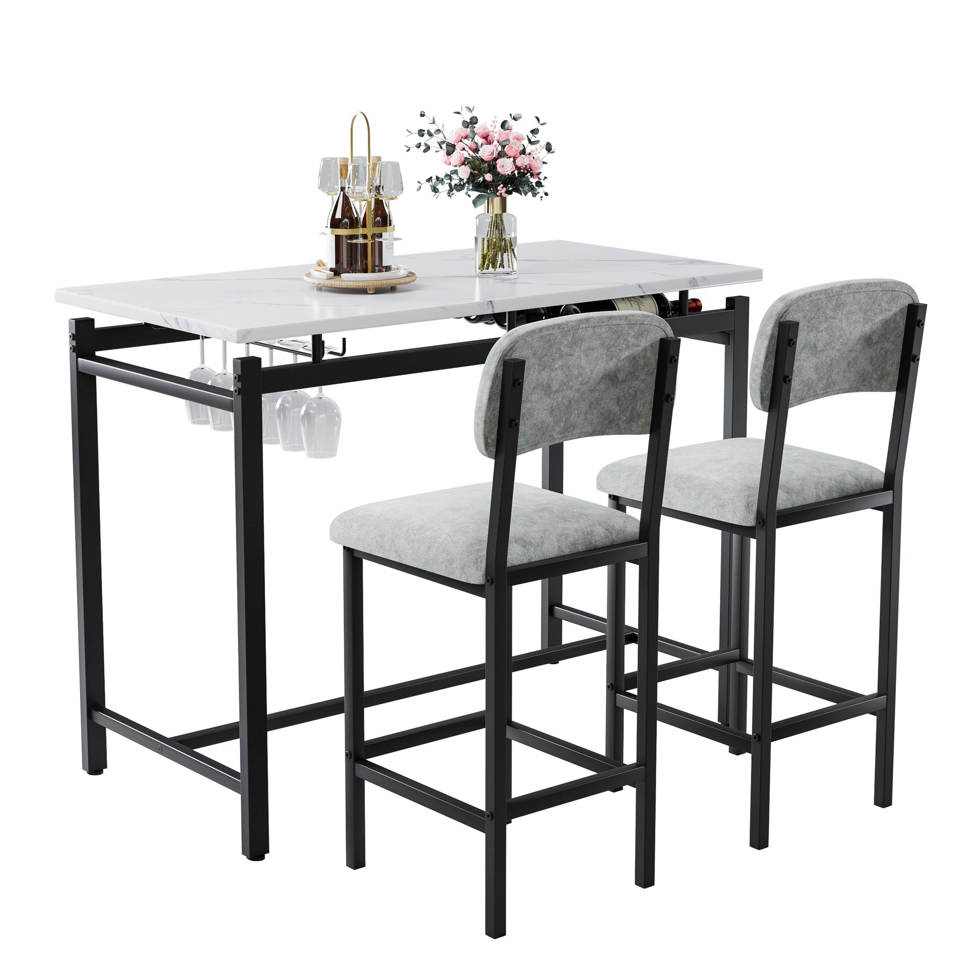 Marble top bar table with two upholstered stools and wine rack