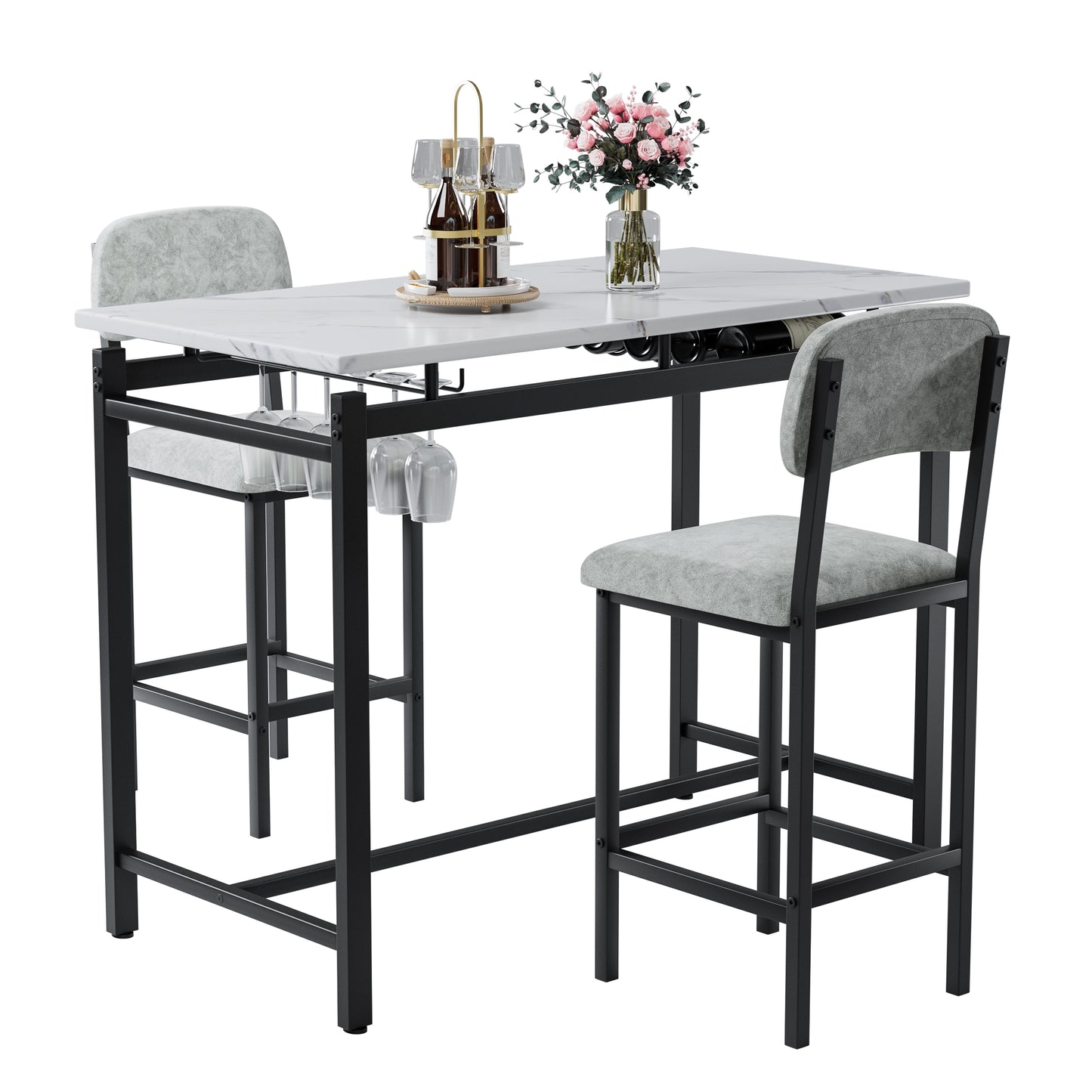 Marble top bar table with grey stools and wine rack