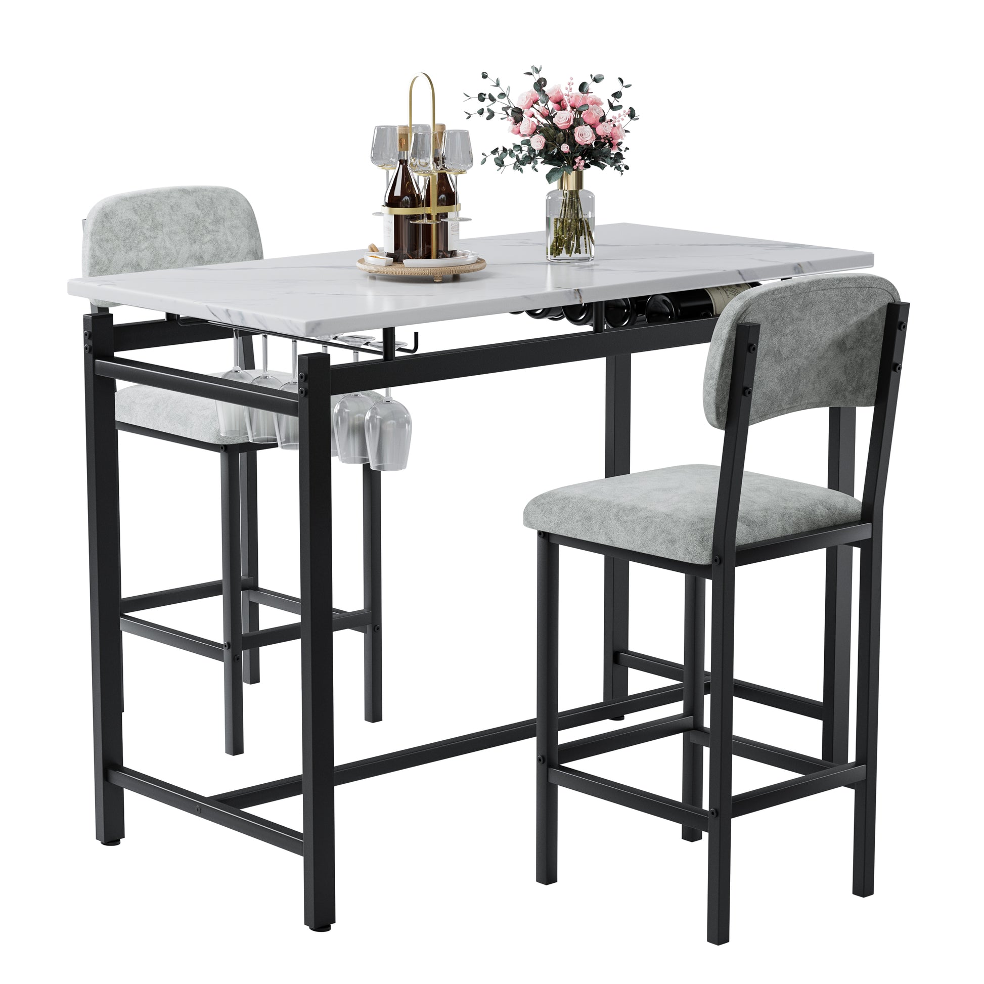 Marble top bar table with grey stools and wine rack