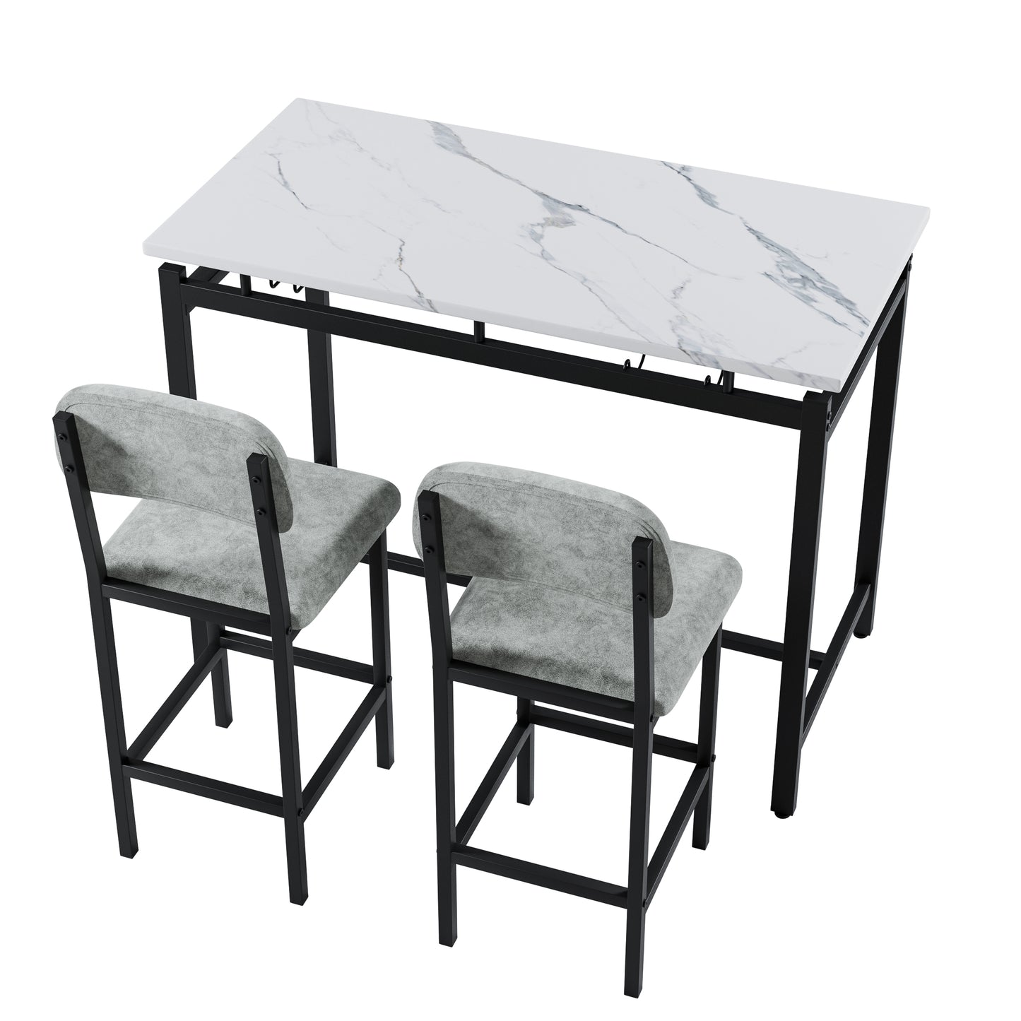 Modern counter height bar set with white marblelook tabletop and grey upholstered stools