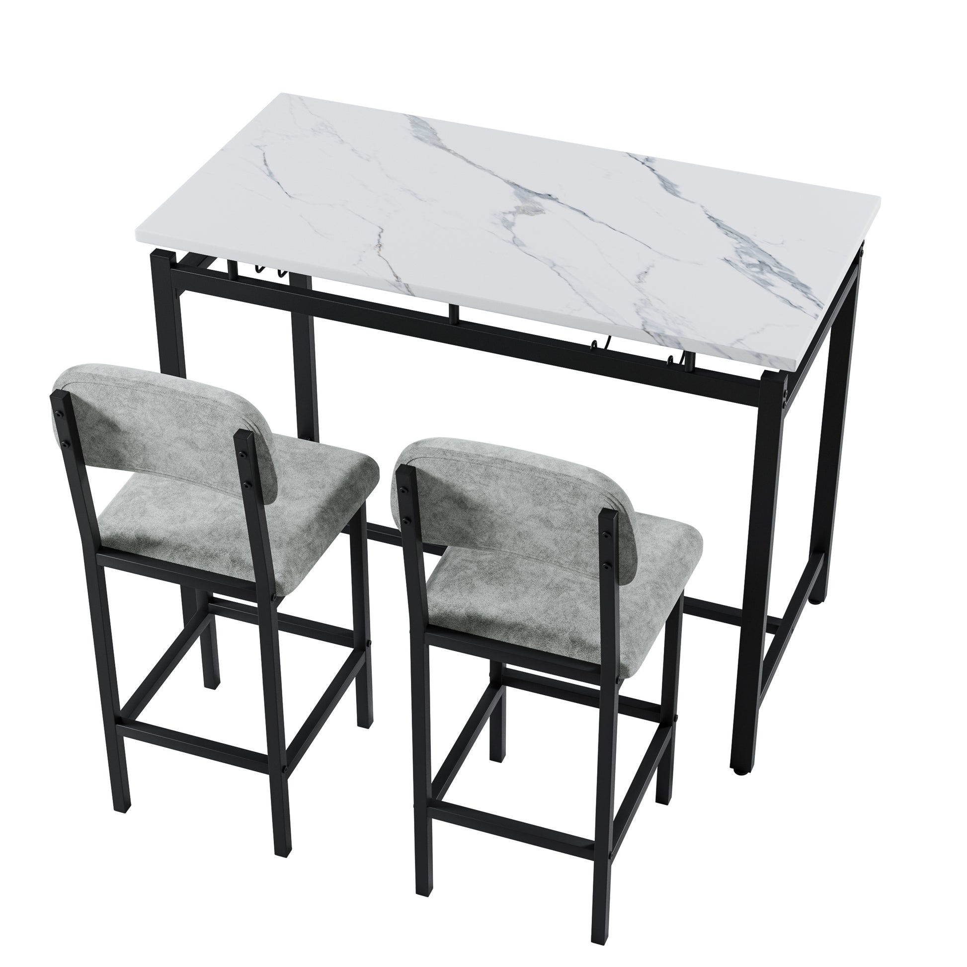 Modern counter height bar set with white marblelook tabletop and grey upholstered stools