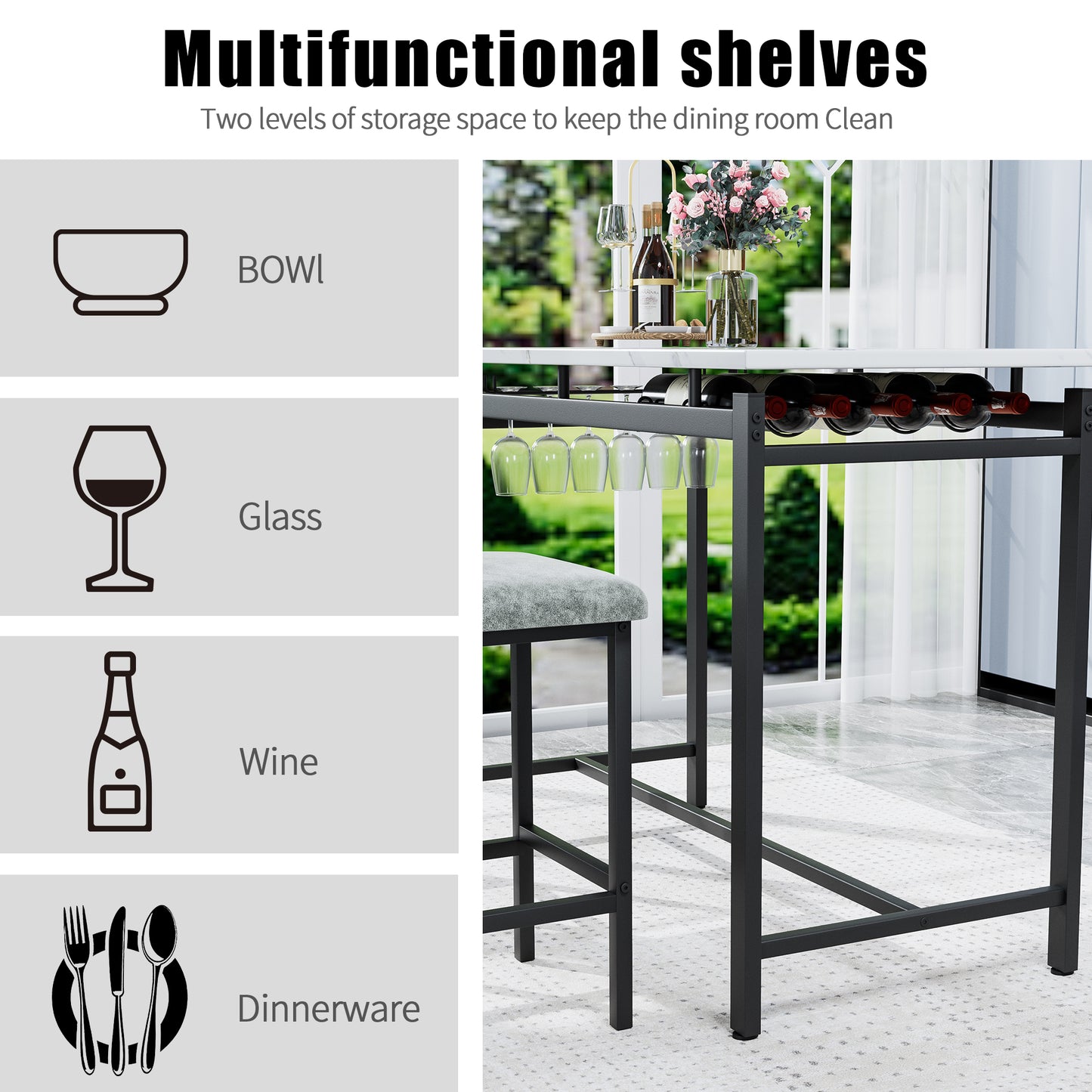 Minimalist white multifunctional shelves with wine bottles and glasses
