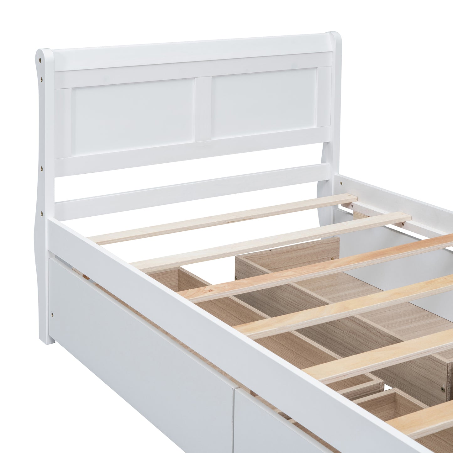 White wooden sleigh bed frame with drawers