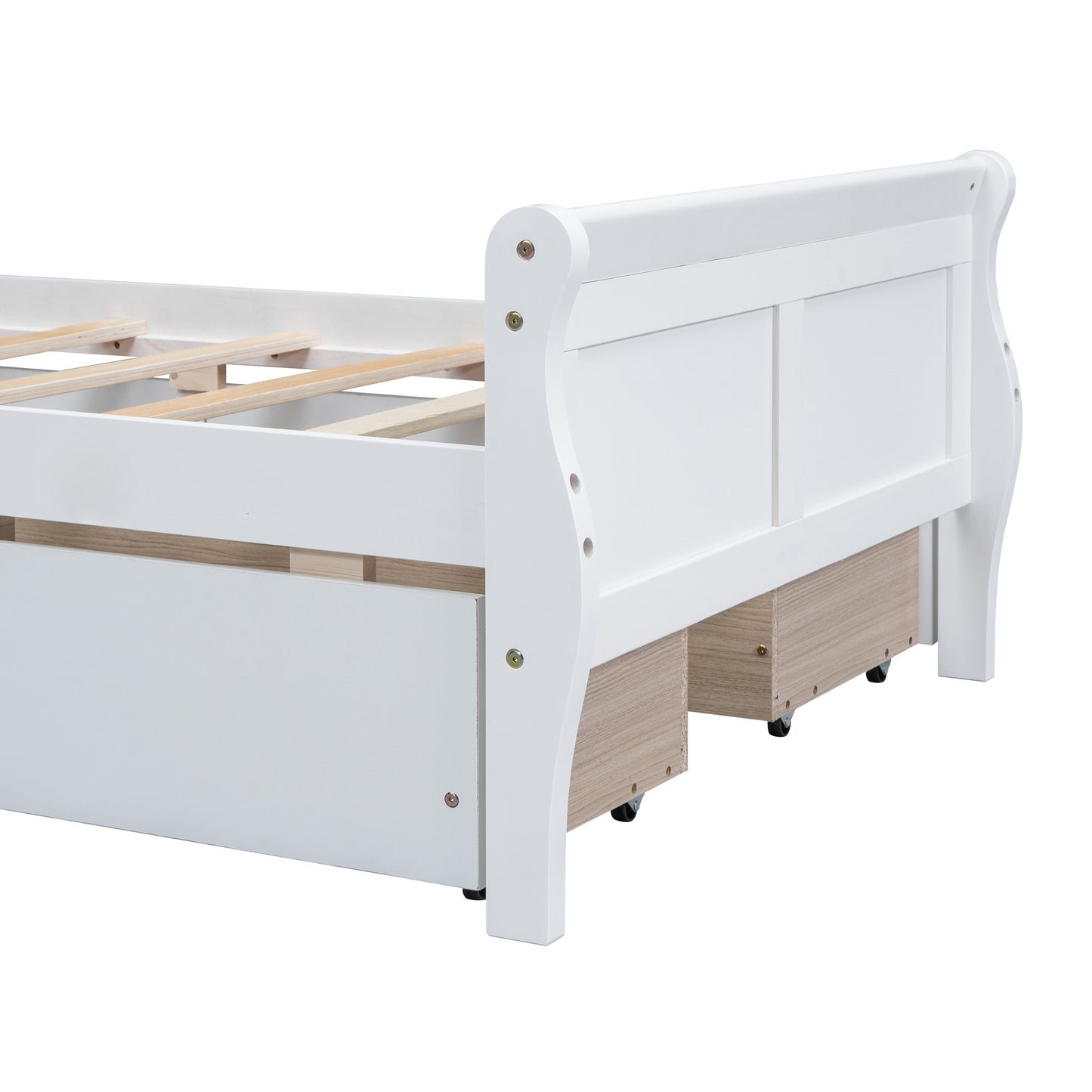 White wooden sleigh bed frame with integrated pullout storage drawers