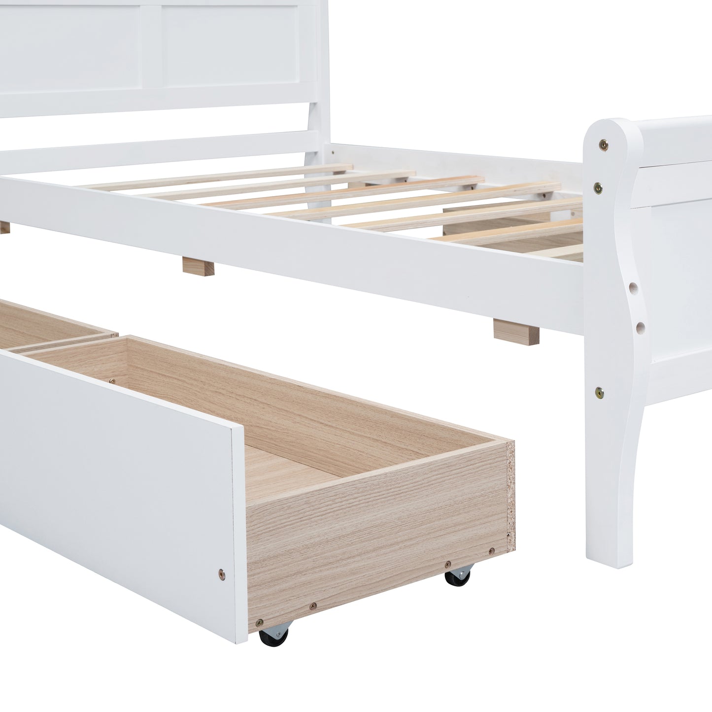 White sleigh bed with exposed wooden slats and a pulledout storage drawer