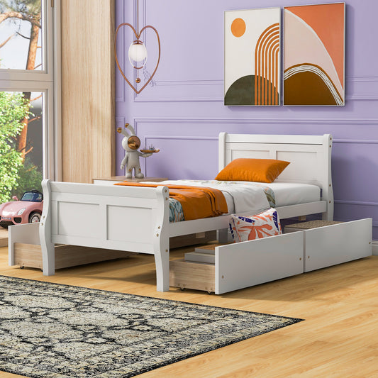 White sleigh bed with drawers for kids
