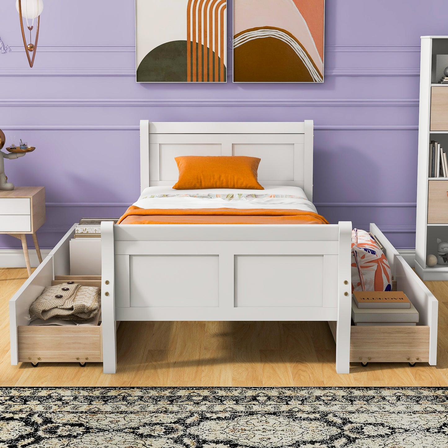 White twin bed with storage drawers orange pillow and blanket