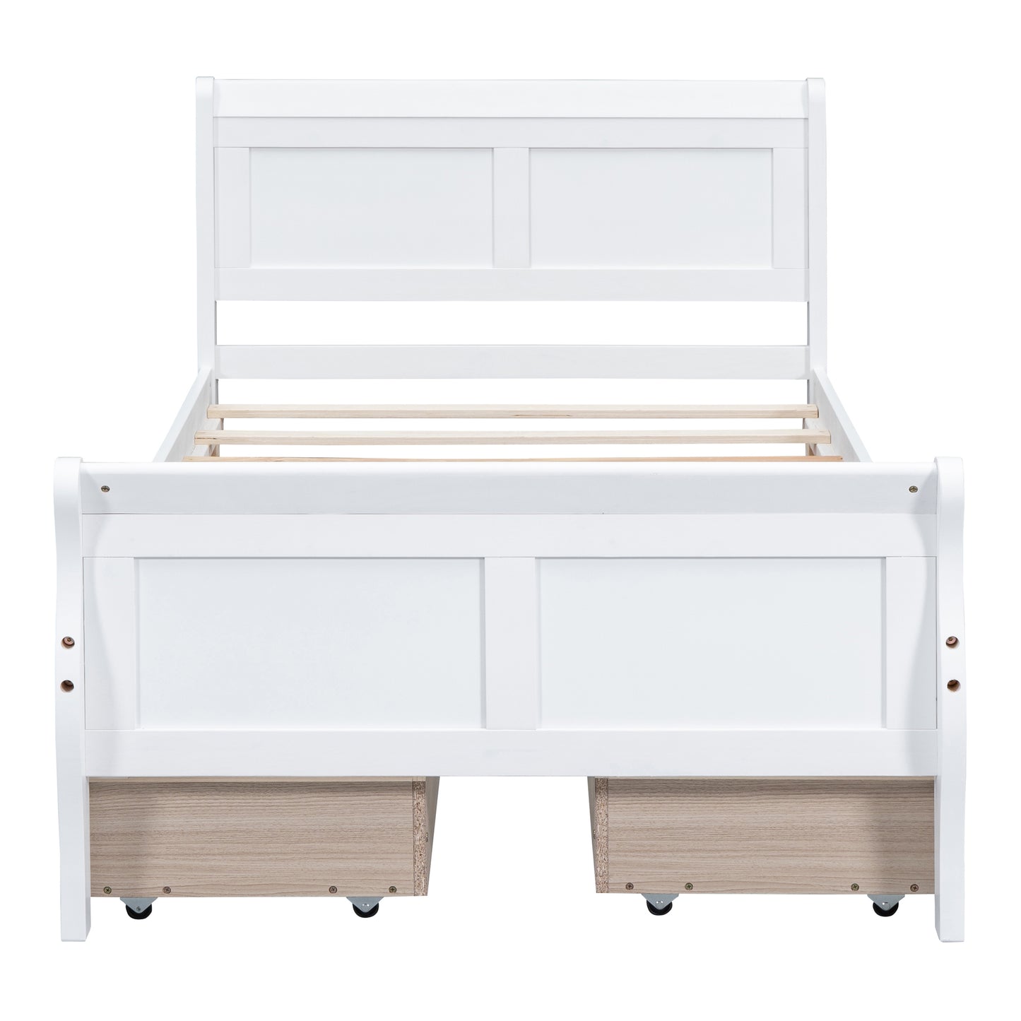 White wooden sleigh bed frame with storage drawers