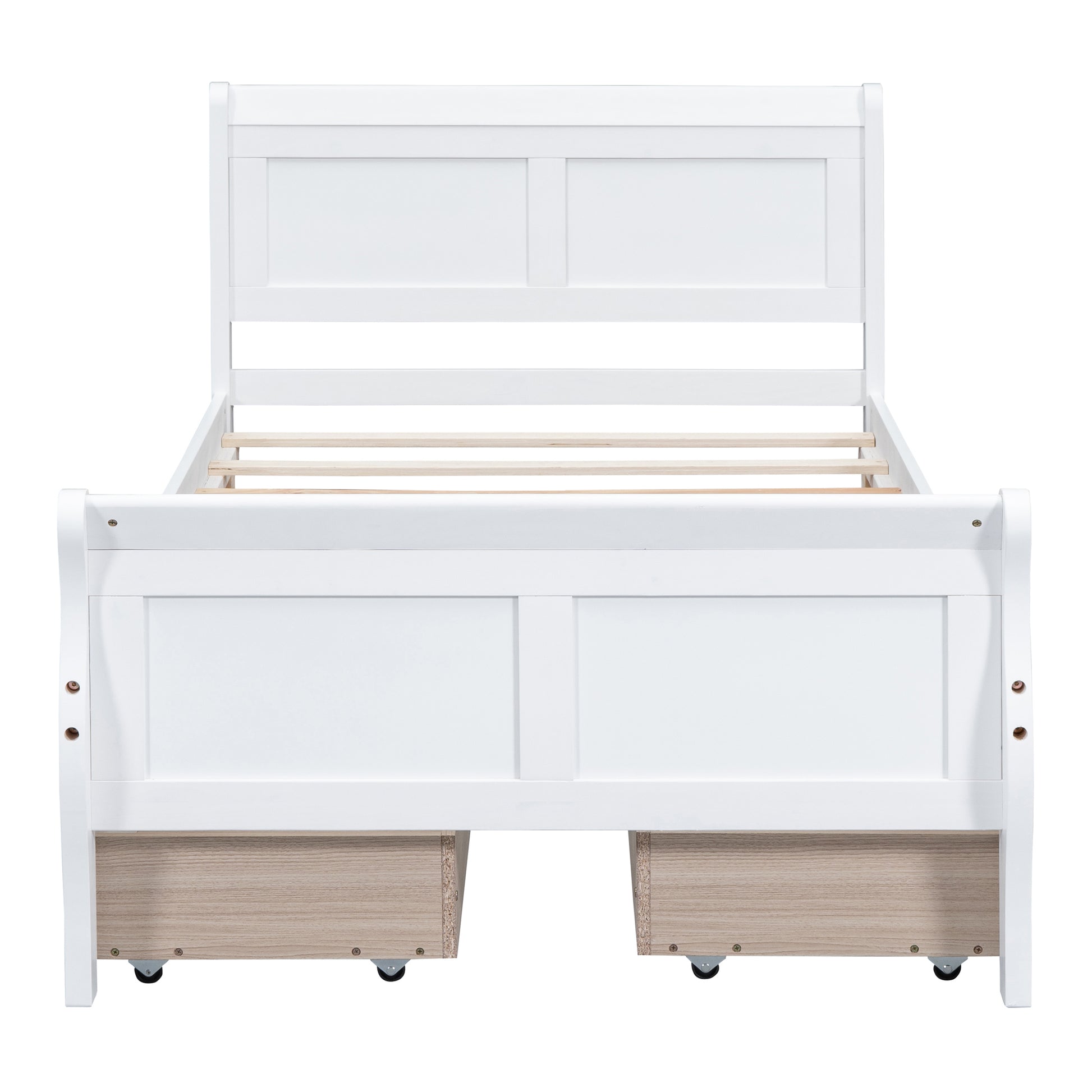 White wooden sleigh bed frame with storage drawers
