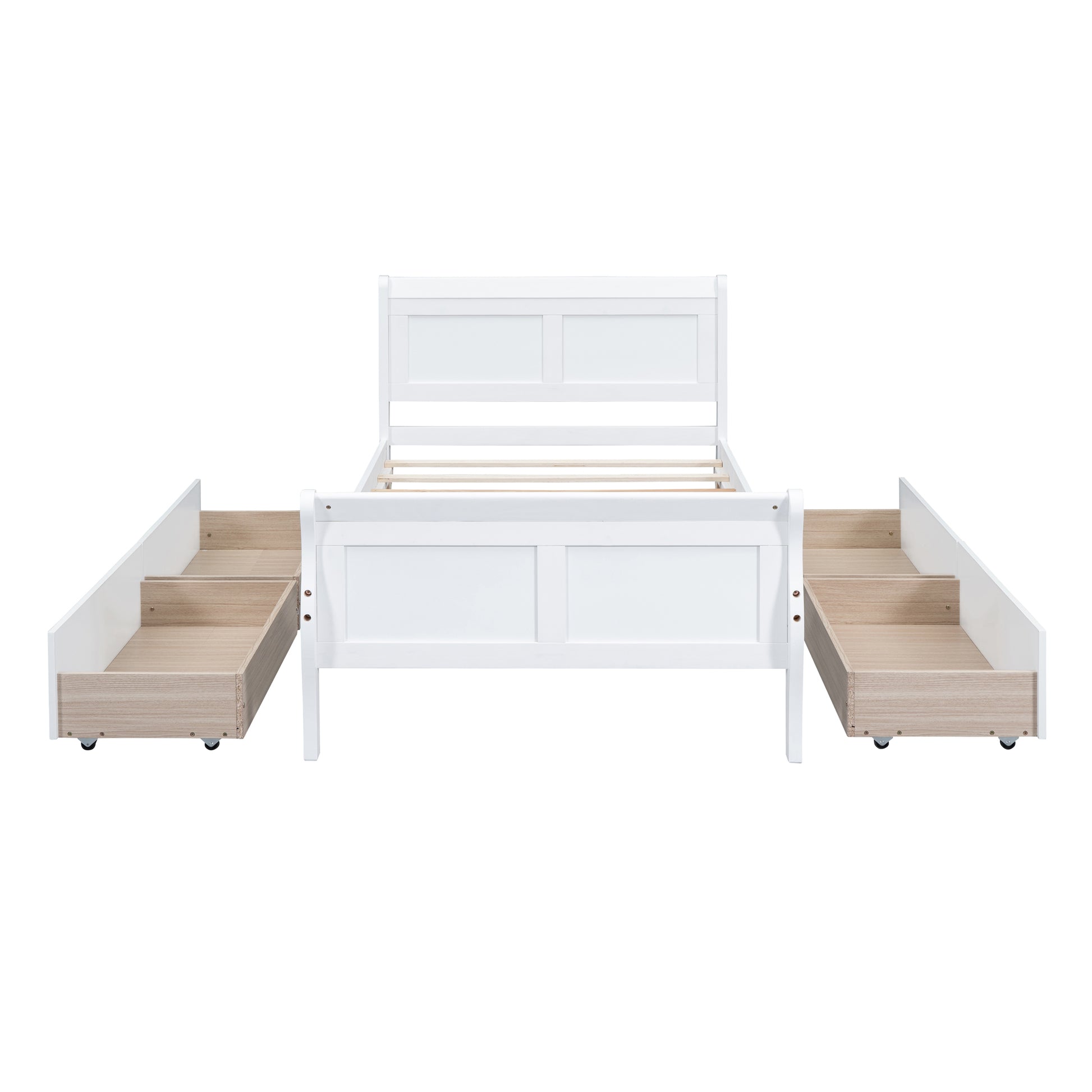 White twin bed frame with two pullout drawers