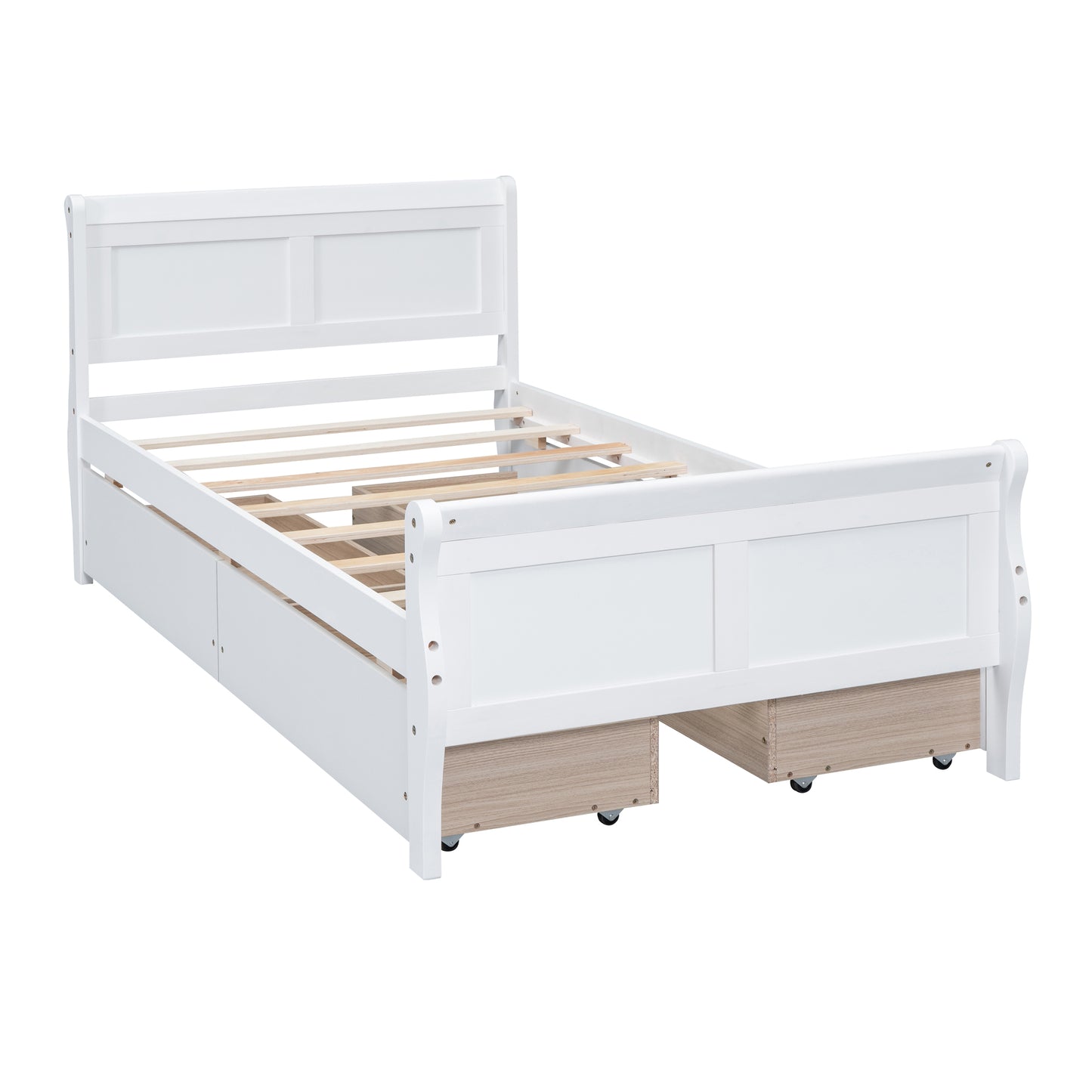 White sleigh twin bed frame with storage drawers