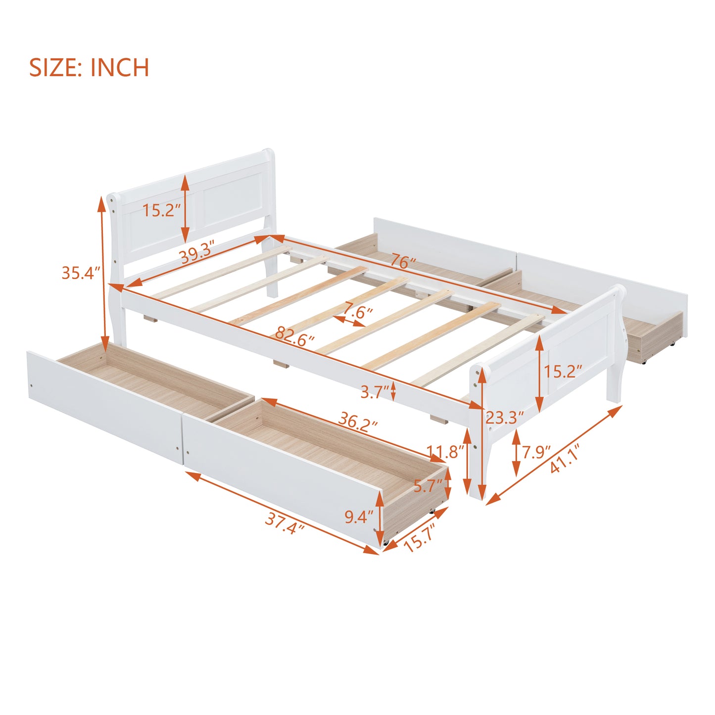 White sleigh bed frame with dimensions shown and integrated storage drawers