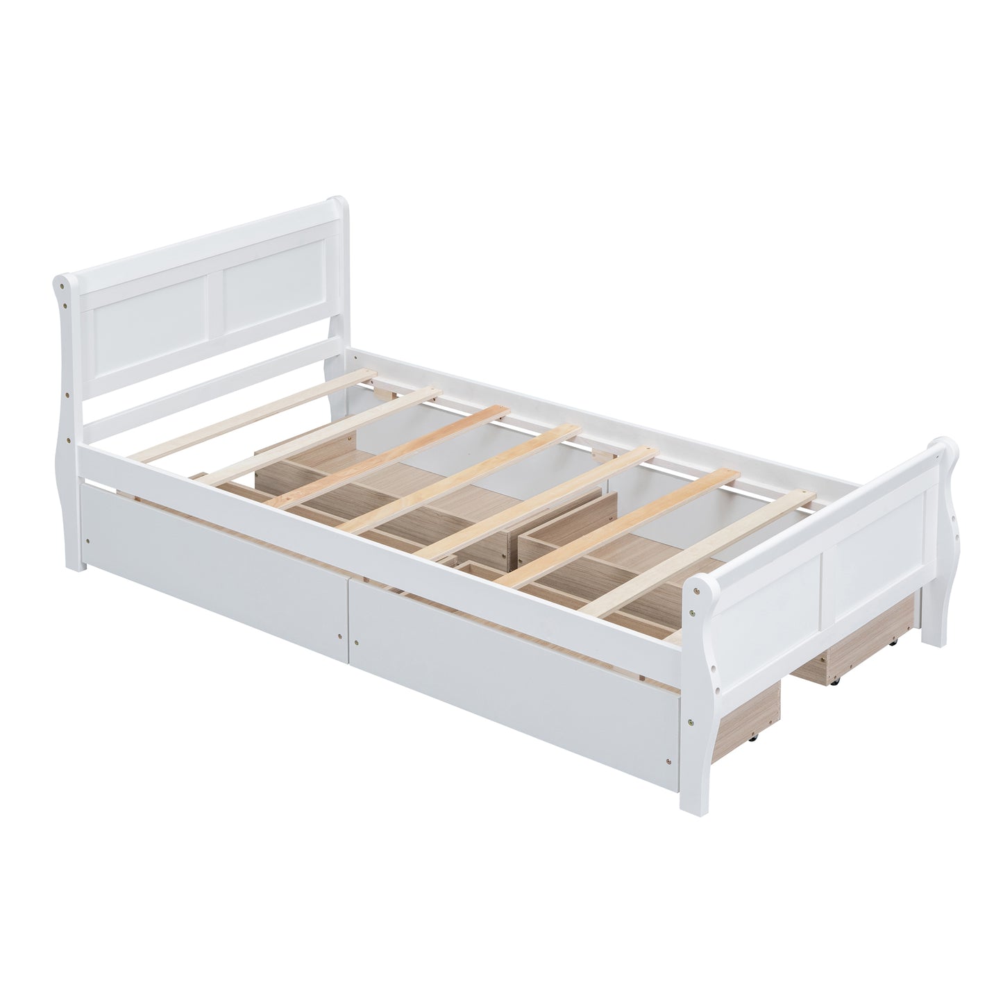 White sleigh bed frame with storage drawers
