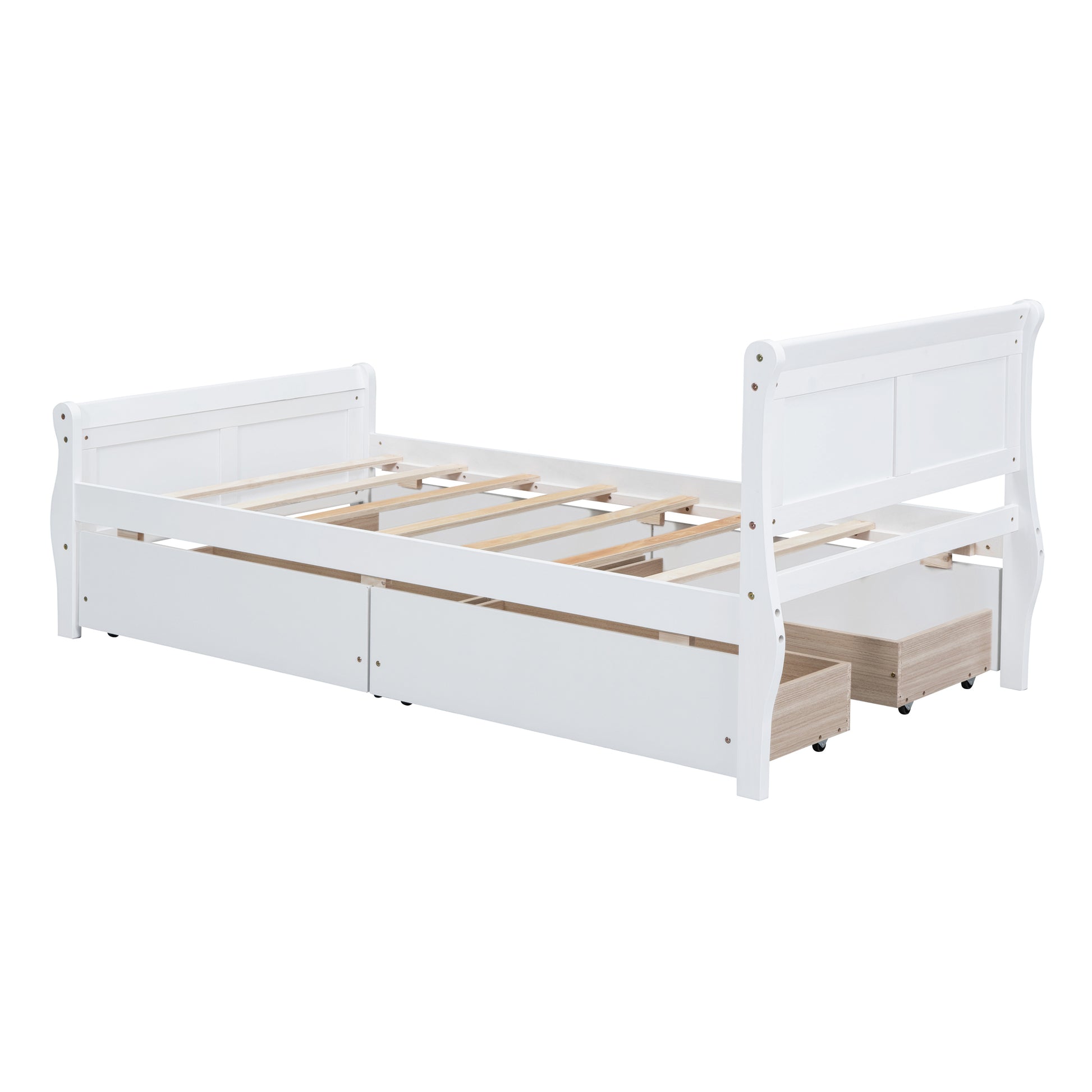 White sleigh bed frame with integrated storage drawers and slat support