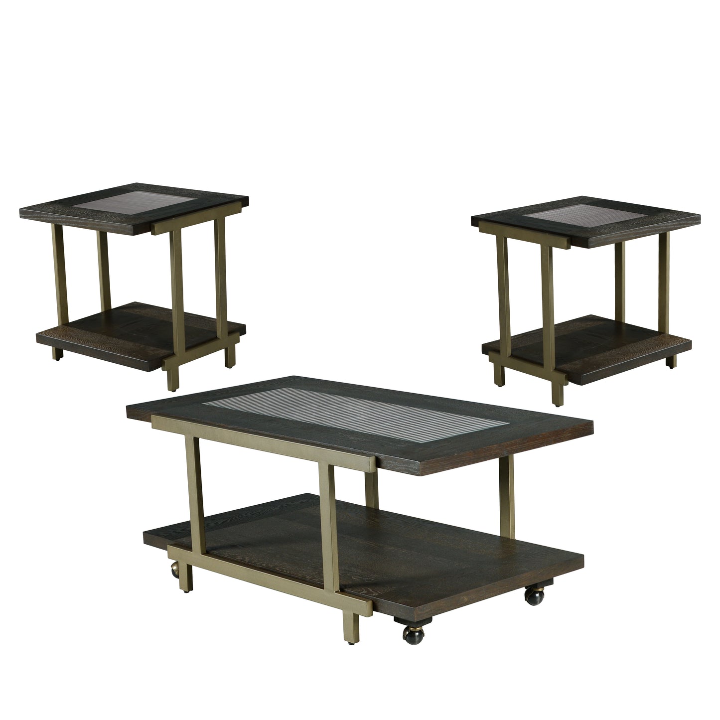 TREATLIFE HOME 3 Piece Table Set with Contemporary Design, Brown Ash Veneer Construction, Includes Cocktail and End Tables with Glass Insert