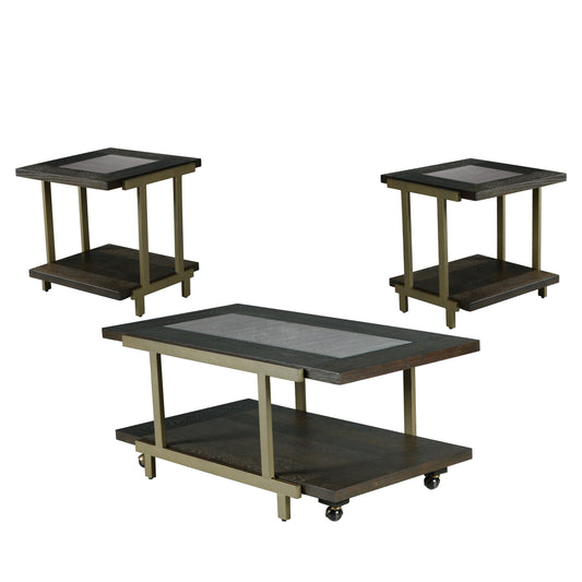 TREATLIFE HOME 3 Piece Table Set with Contemporary Design, Brown Ash Veneer Construction, Includes Cocktail and End Tables with Glass Insert