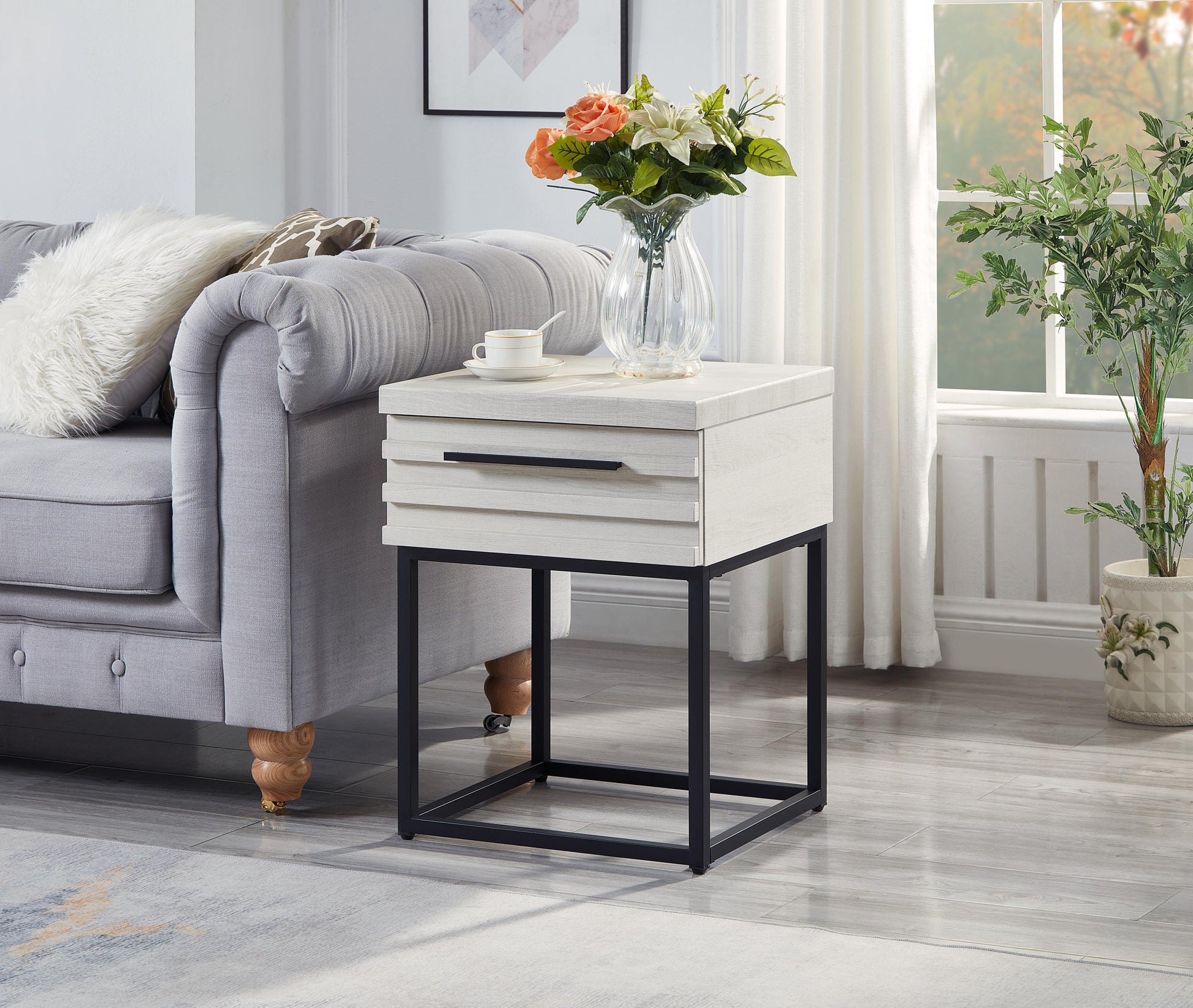 Modern white wood end table with black metal frame and one drawer for living room storage