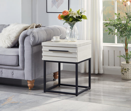 Modern white wood end table with black metal frame and one drawer for living room storage