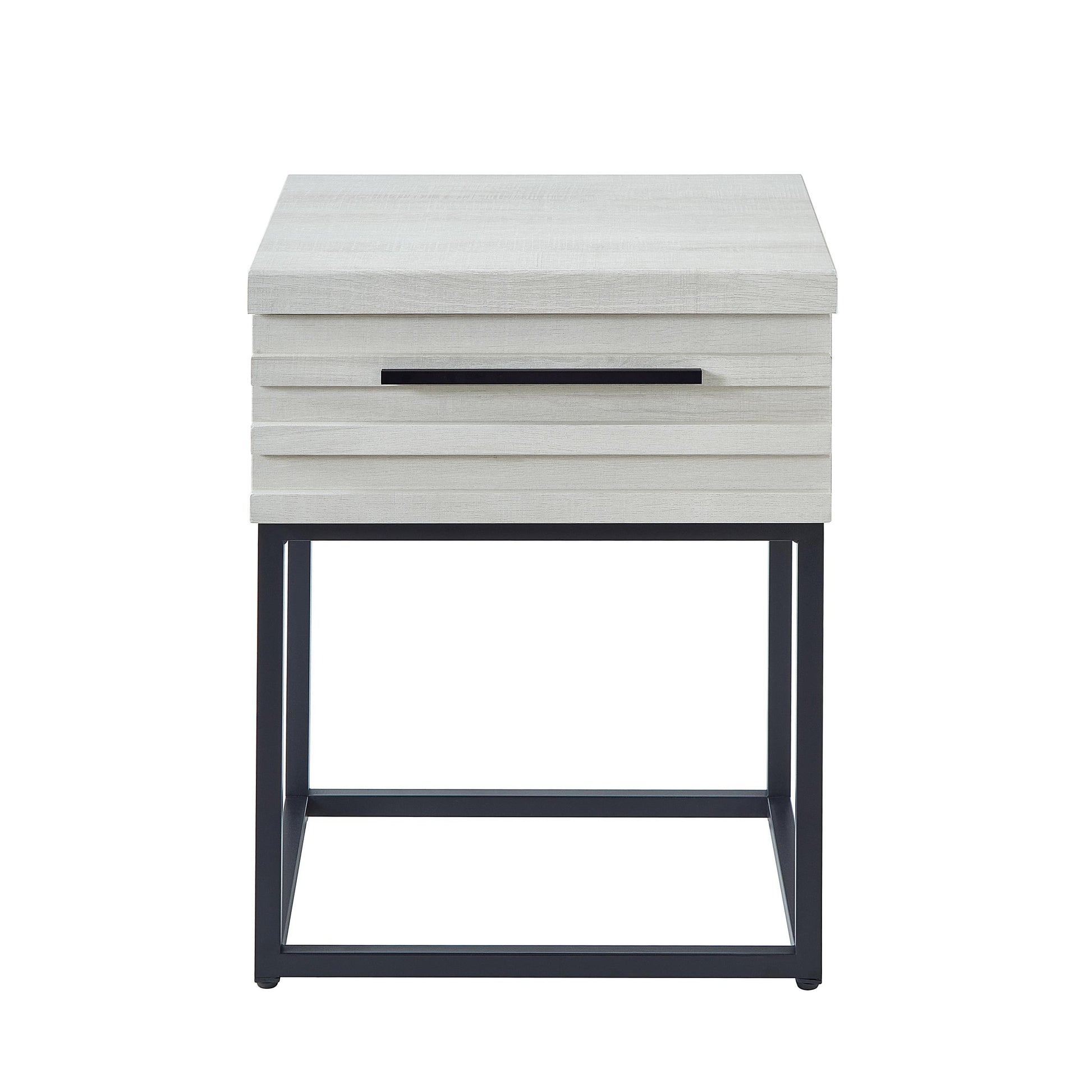 Light gray wood grain bedside table with black metal frame and drawer