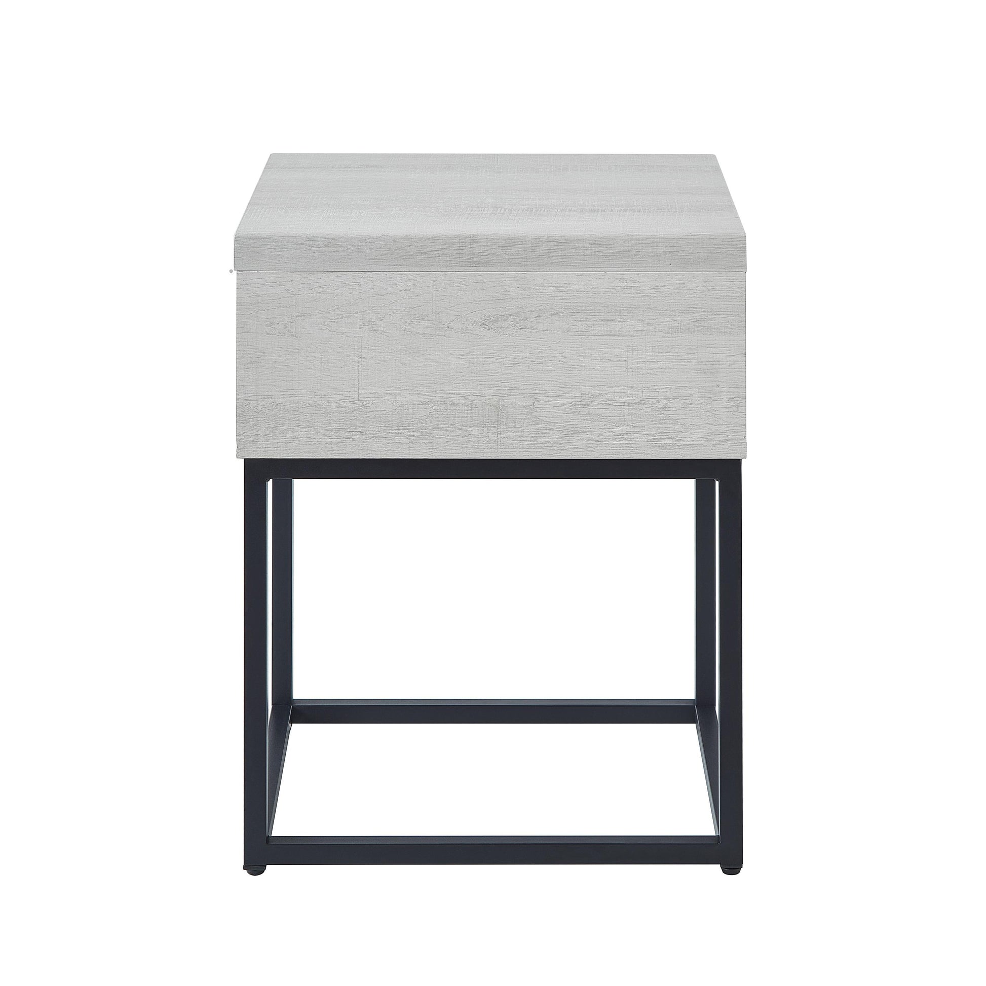 Modern grey wood grain nightstand with black metal frame and drawer