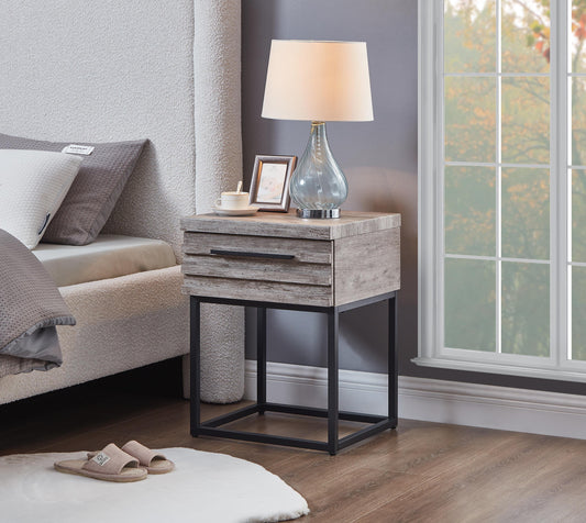 Rustic gray wood bedside table with two drawers and black metal frame