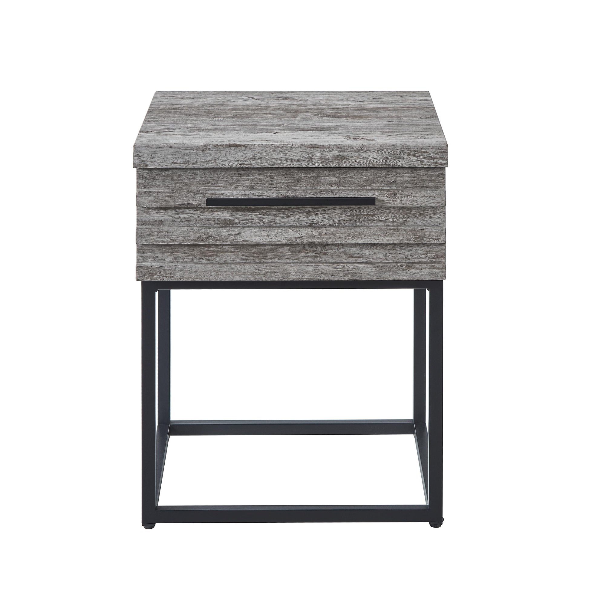 Gray wood grain nightstand with a single drawer and black metal frame legs