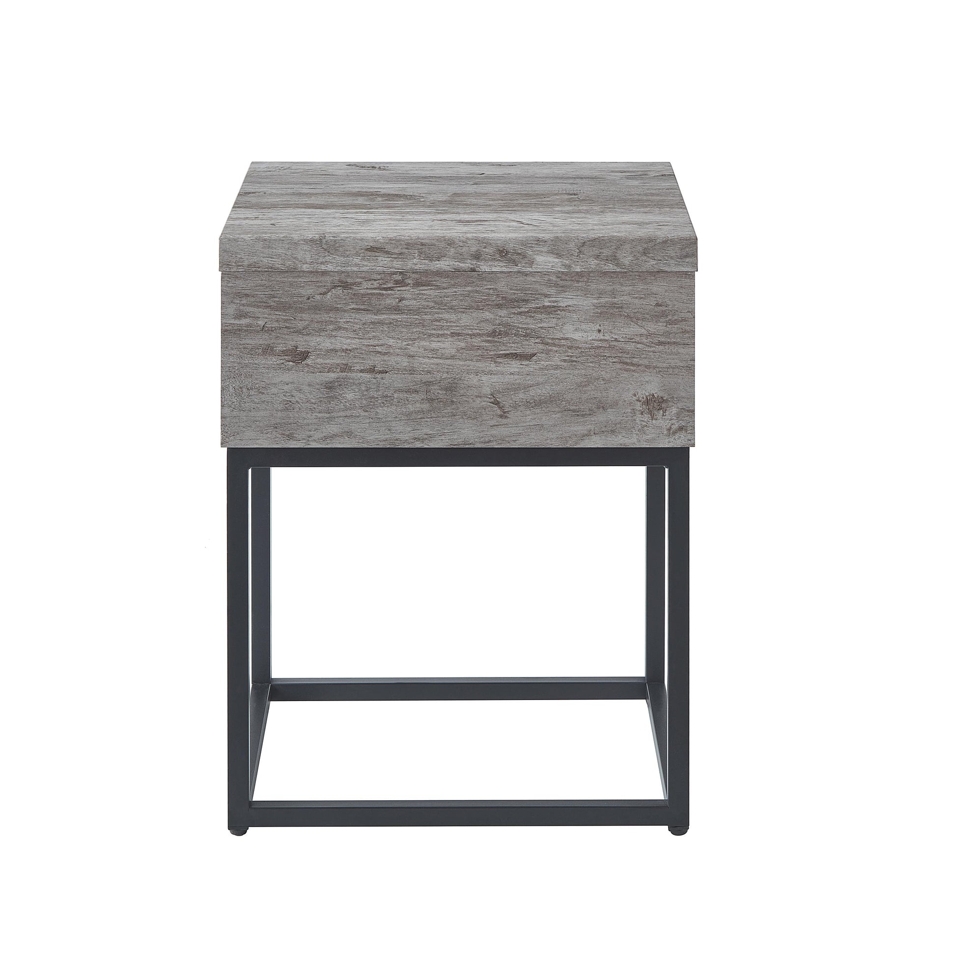 Rustic grey woodgrain finish nightstand with black metal frame