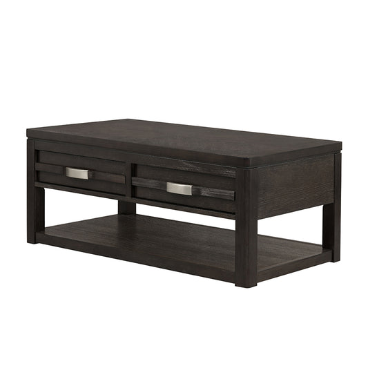 Dark wood coffee table with two drawers and a lower shelf featuring brushed nickel hardware