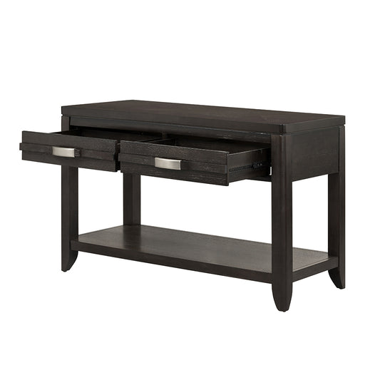 Dark oak console table with two open drawers and silver pulls