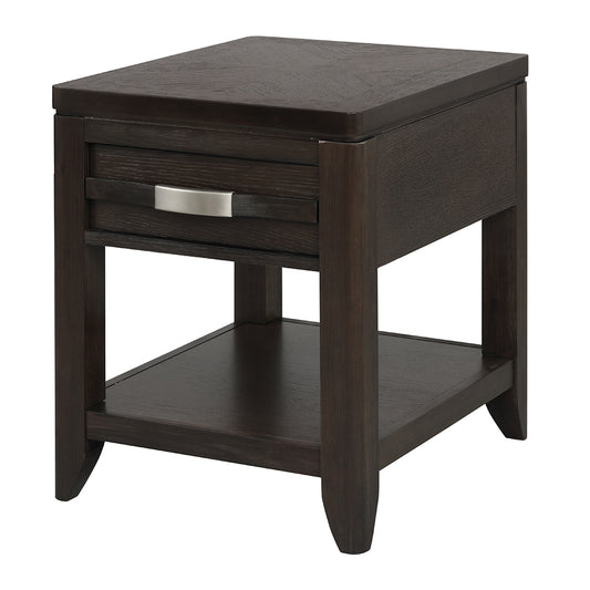 Dark brown wooden end table with one drawer and open shelf