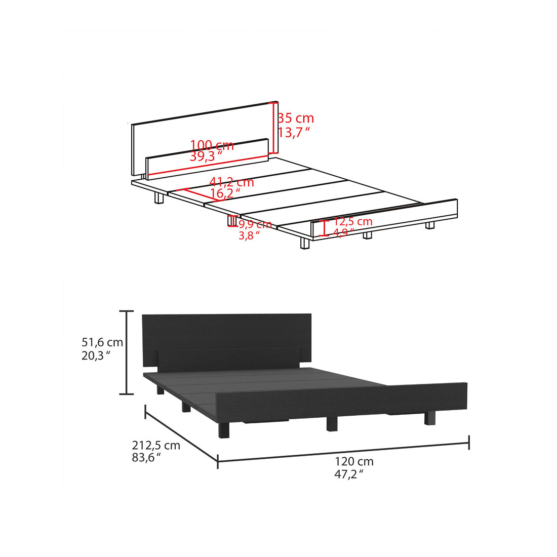 Black platform bed frame with detailed dimensions