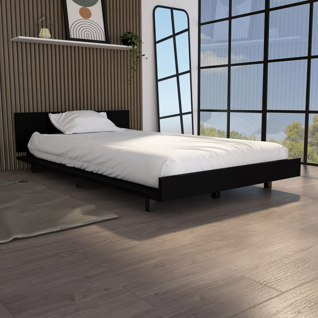 Black modern platform bed frame with white bedding