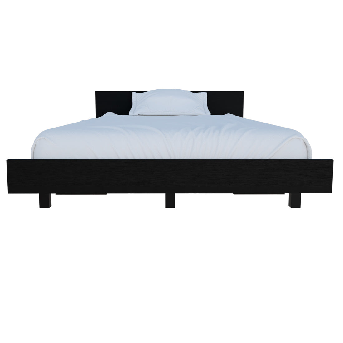 Modern black platform bed frame with white linens and pillow