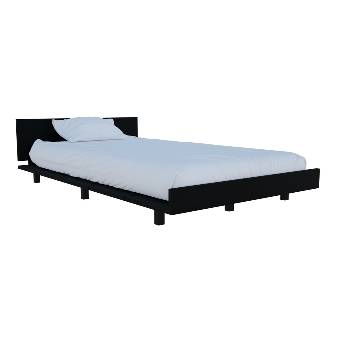 Modern black metal platform bed frame with white linens and pillow