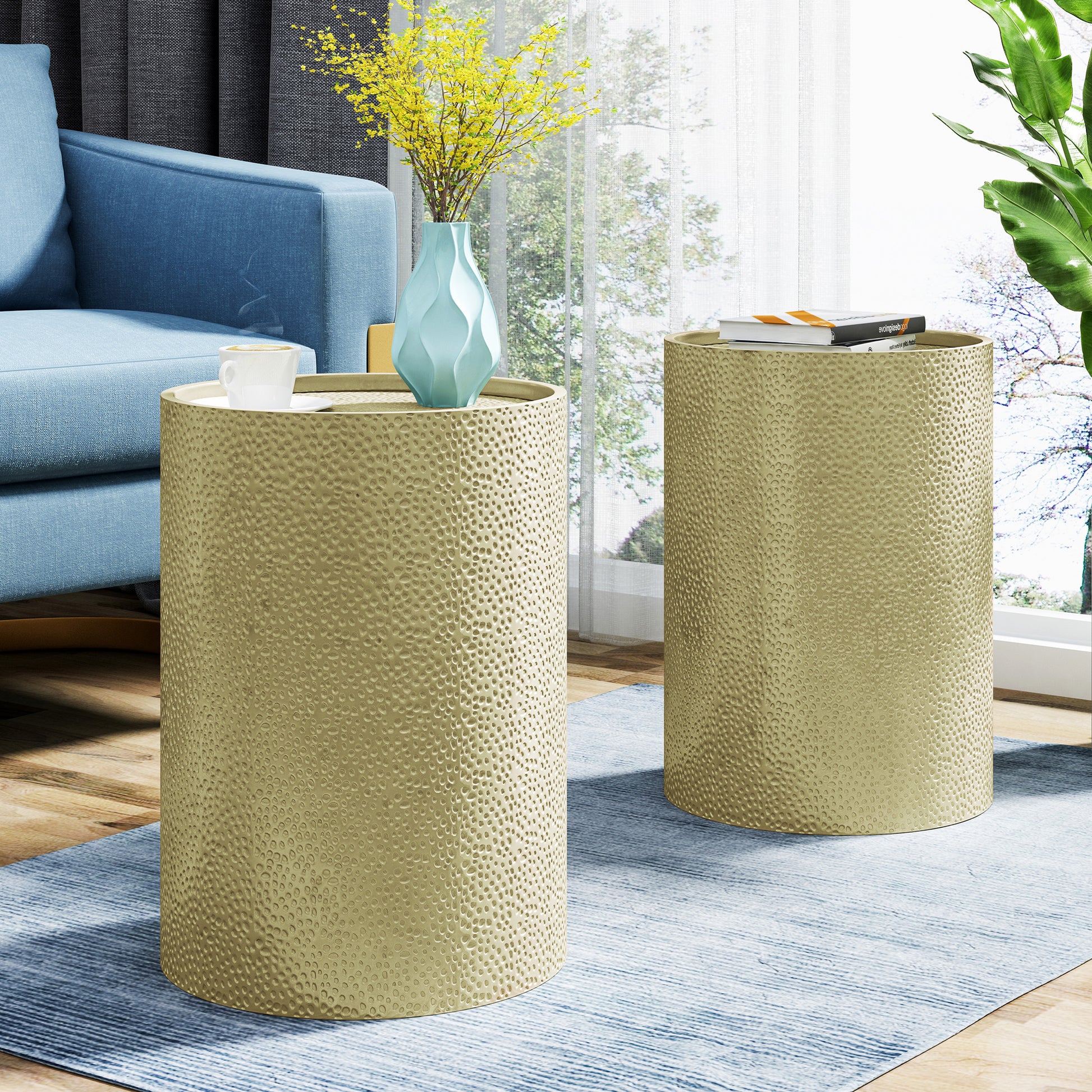 Textured gold round side table with hammered finish